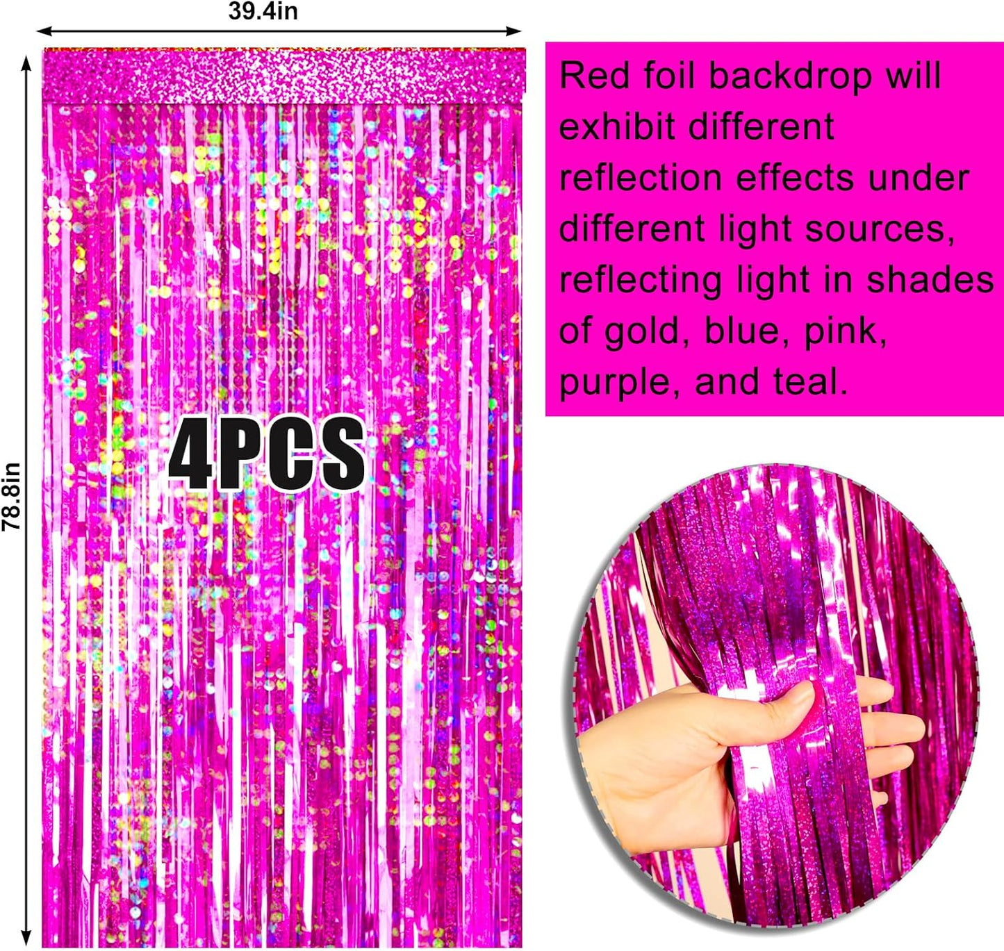 4 Packs Hot Pink Foil Fringe Curtain, Pink Glitter Metallic Tinsel Backdrop for Birthday, Wedding, Baby Shower, Bachelorette Cowgirl Princess Party Decorations Supplies