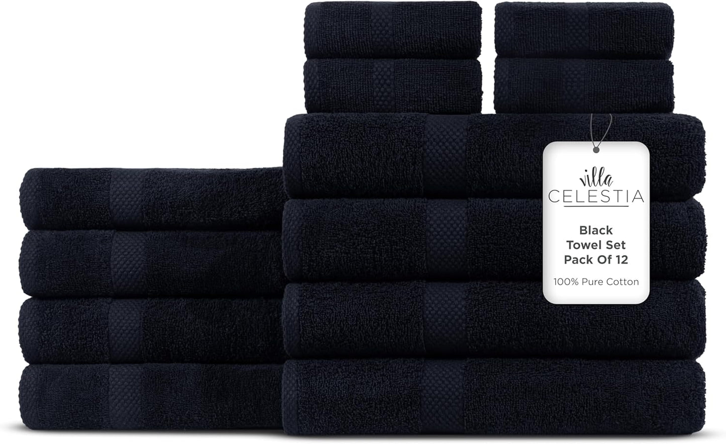 100% Cotton Bath Towel Set of 12-4 Bath Towels, 4 Hand Towels, 4 Wash Cloths, Sustainable, Soft, Highly Absorbent, Combed Cotton 12 Piece Set for Hotels, Spa, Bathroom, Dorm, Black