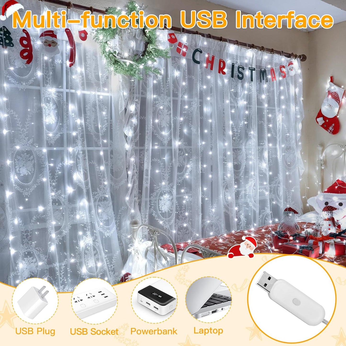 Ollny Curtain Lights 6.6x6.6ft, 200 LED White String Lights with Remote 8 Modes Dimmable Timer, USB Power Fairy Light for Bedroom Backdrop Indoor Wall Window Wedding Decor
