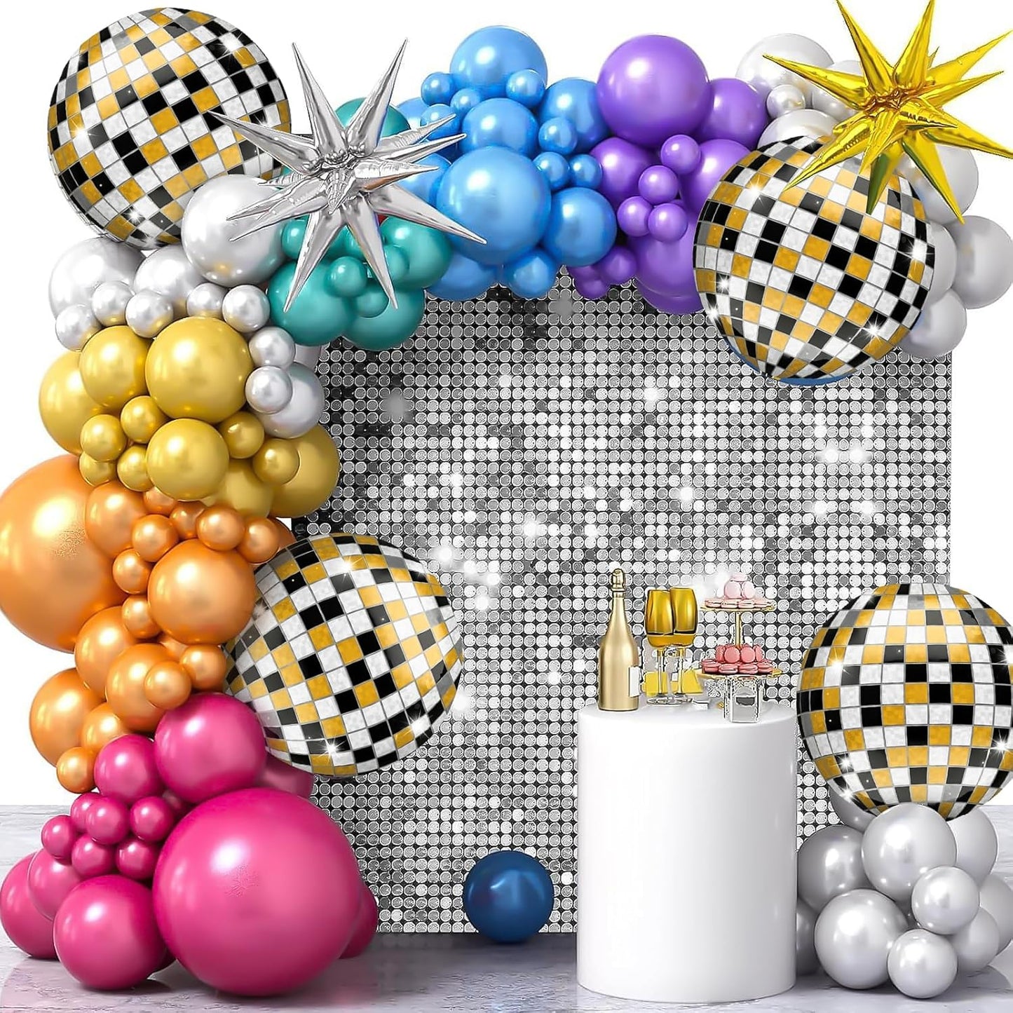 Iridescent Disco Ball Balloons 4PC,Foil Disco Balloons 22 Inch 4D Round Balloon for 70s 80s Birthday Bachelorette Graduation Decorations