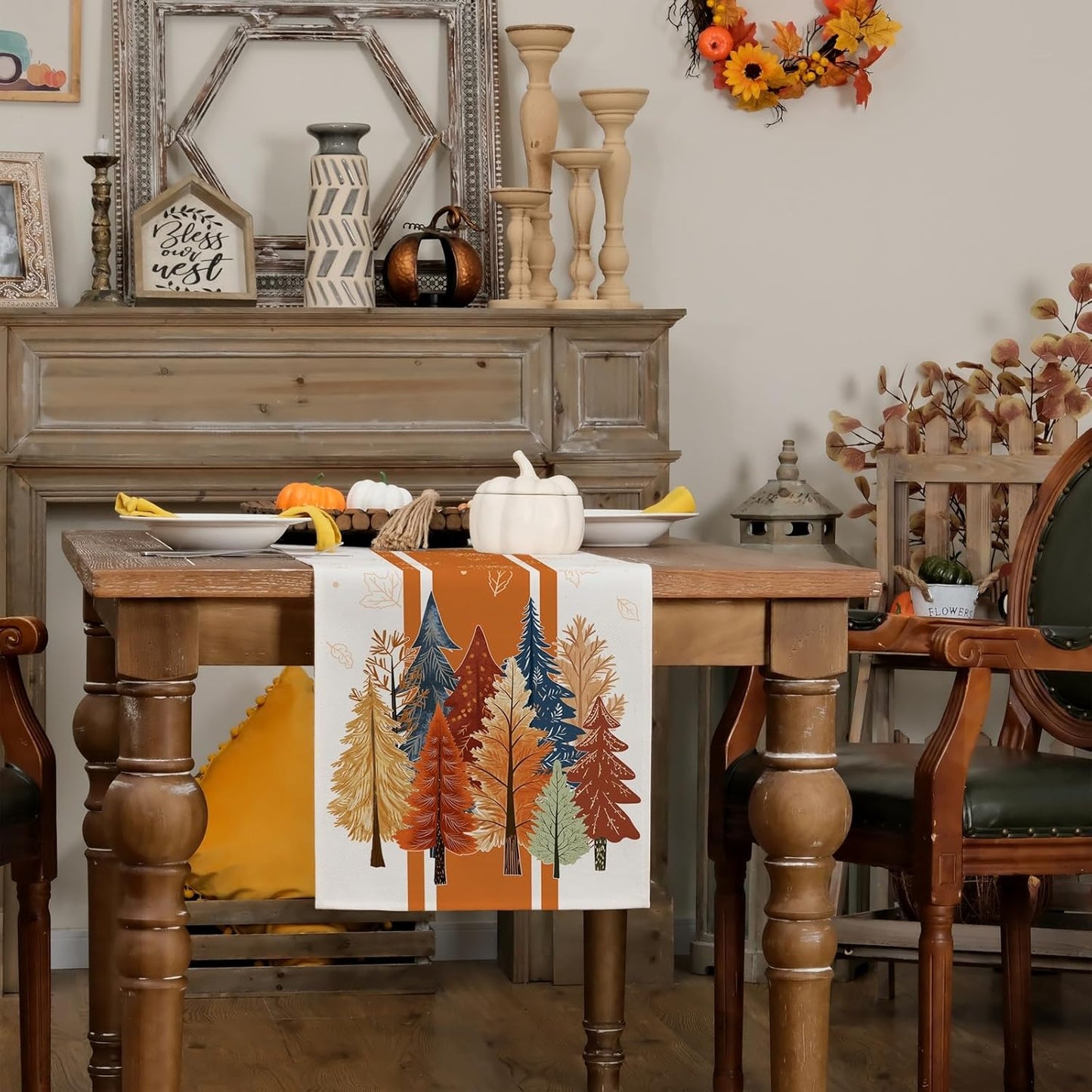 GEEORY Fall Watercolor Trees & Maple Leaves Striped Table Runner 13x60 Inch, Rustic Farmhouse Autumn Thanksgiving Decor for Kitchen, Dining, Indoor/Outdoor Holiday Dinner Party Orange GT157-60