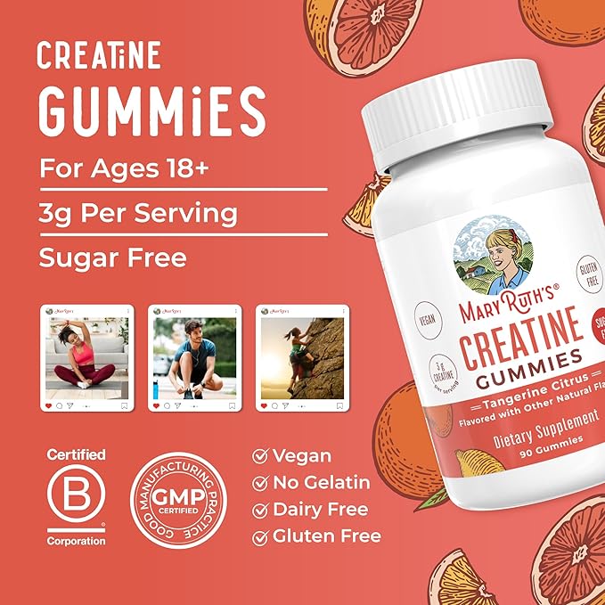 MaryRuth's Creatine Gummies | Creatine Monohydrate Gummies | 1 g Creatine Per Gummy | Creatine for Women & Men | Tangerine Citrus Flavor | Exercise | Workout | Sugar Free | Vegan | 90 Count
