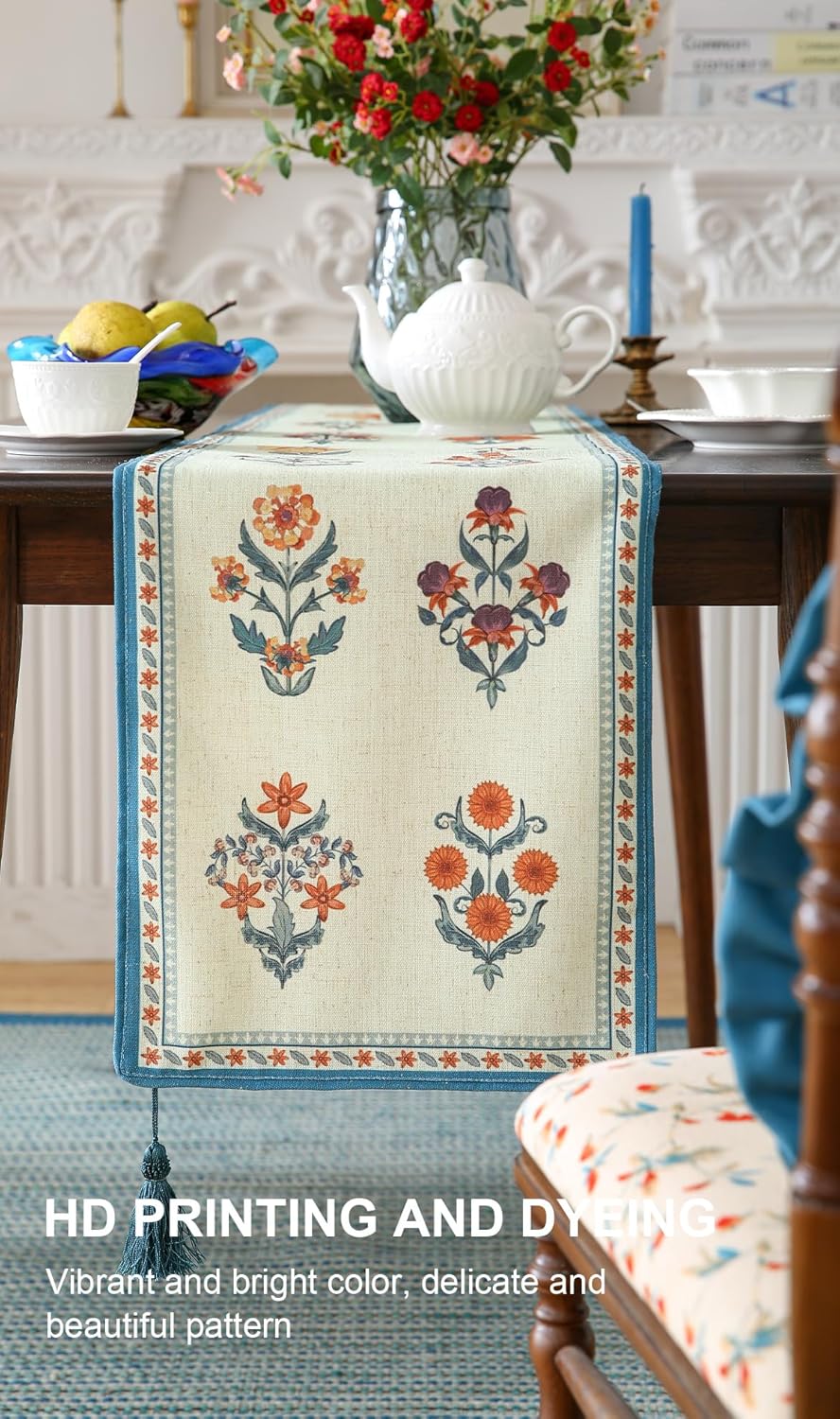 ISAENNE Designer Light Green Linen Table Runner 87 Inches Long,French Floral Patterns Elegant Table Runner for Dining Tables,Thanksgiving,Kitchen Tables,Christmas,12"*87"-Floralsea B