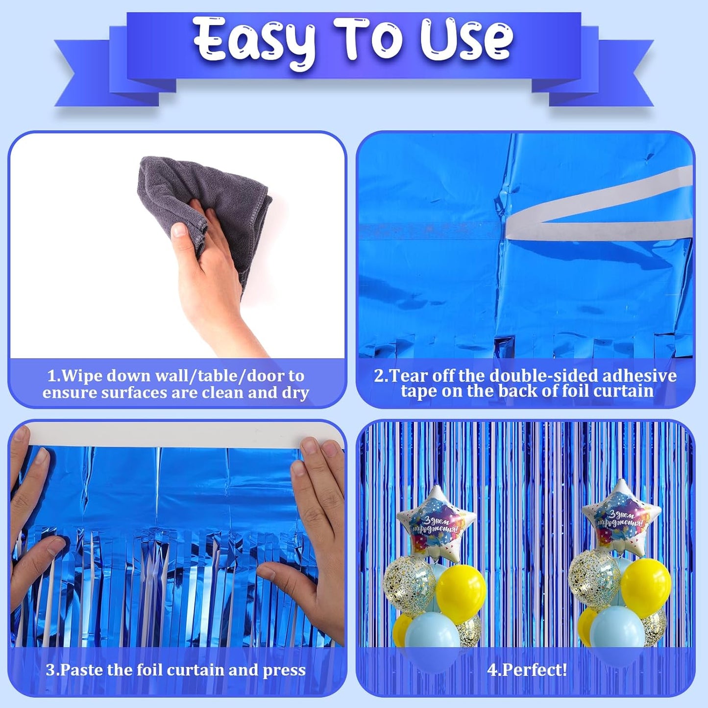 2 Pack Blue Foil Fringe Backdrop Curtains, Tinsel Streamers Birthday Party Decorations, Fringe Backdrop for Graduation, Baby Shower, Gender Reveal, Disco Party