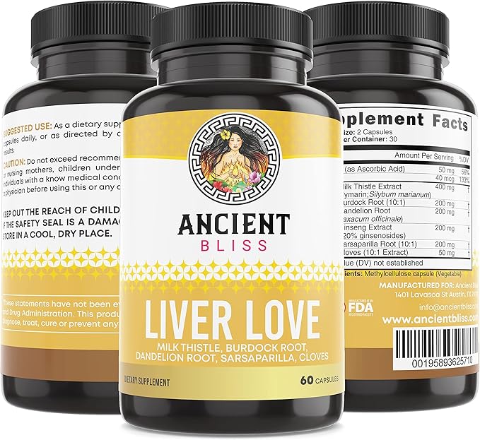 Ancient Bliss Liver Love - Natural Milk Thistle Liver Detox and Liver Health Cleanse Supplement - Support Healthy Liver in Men and Women - 60 Capsules - with Burdock, Dandelion, Cloves, and More