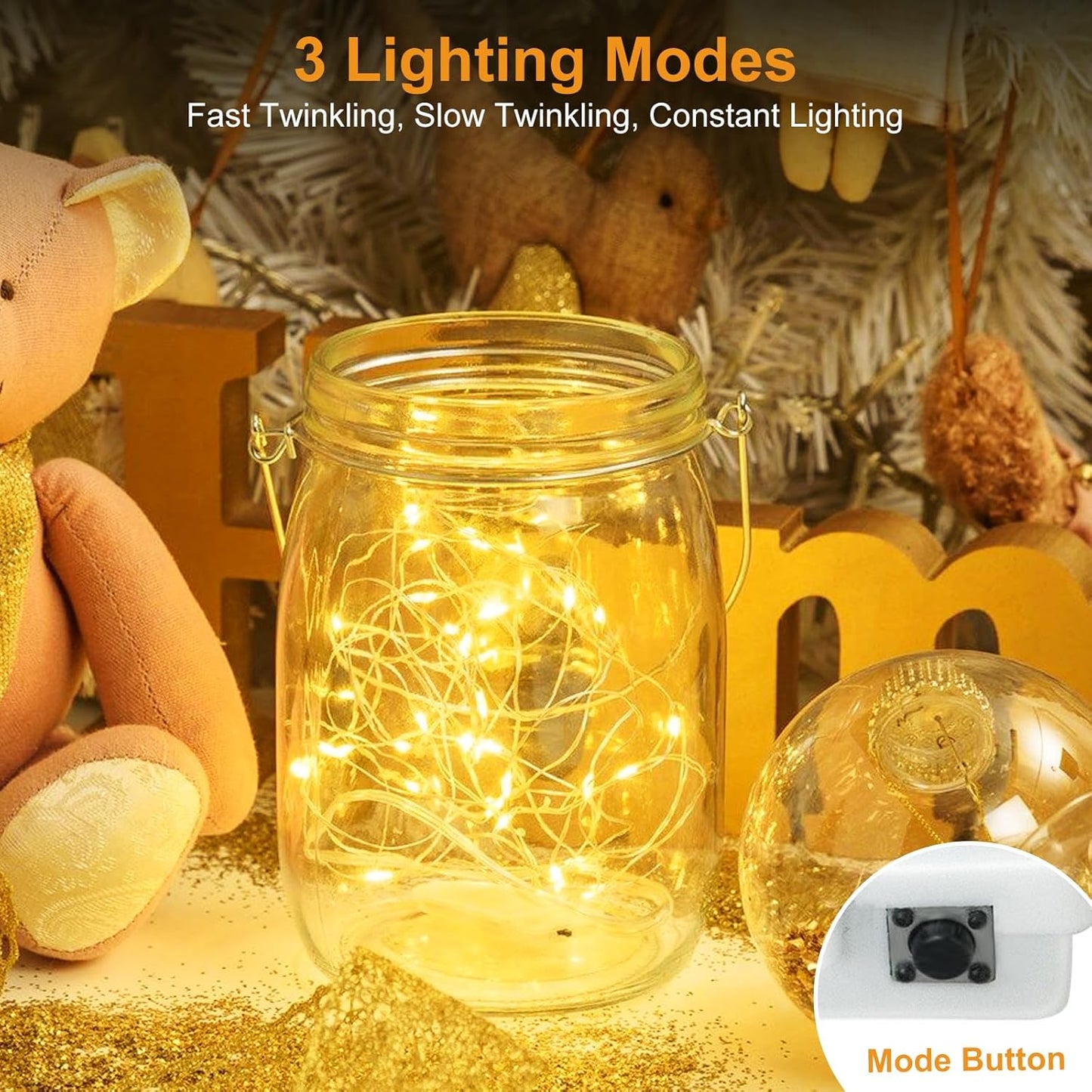 btfarm 100 Pack Fairy Lights Battery Operated [3 Modes], 7ft 20 Led Twinkle Lights String Lights Waterproof Bulk Small Mini Silver Wire for Christmas Mason Jars Wedding Table Centerpiece, Warm White