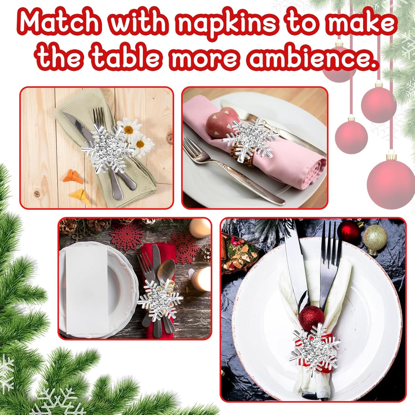 Halatool Christmas Napkin Rings Set of 8, Silver Snowflake with White Rhinestone Napkin Holder for Christmas Thanksgiving Winter Holiday Place Setting, Weddings, Party Table Decoration