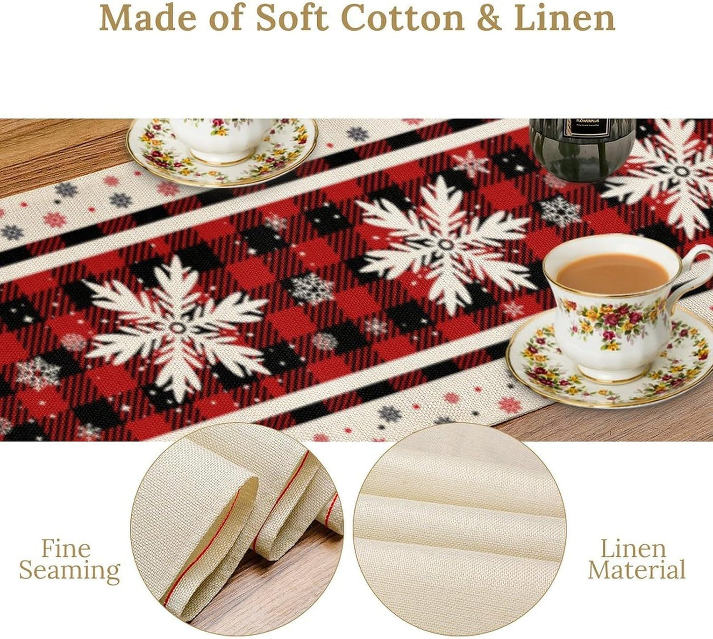 Snowflakes Christmas Table Runner,Red Buffalo Plaid Seasonal Winter Kitchen Dining Table Decoration for Home Party Decor 13x36 Inch