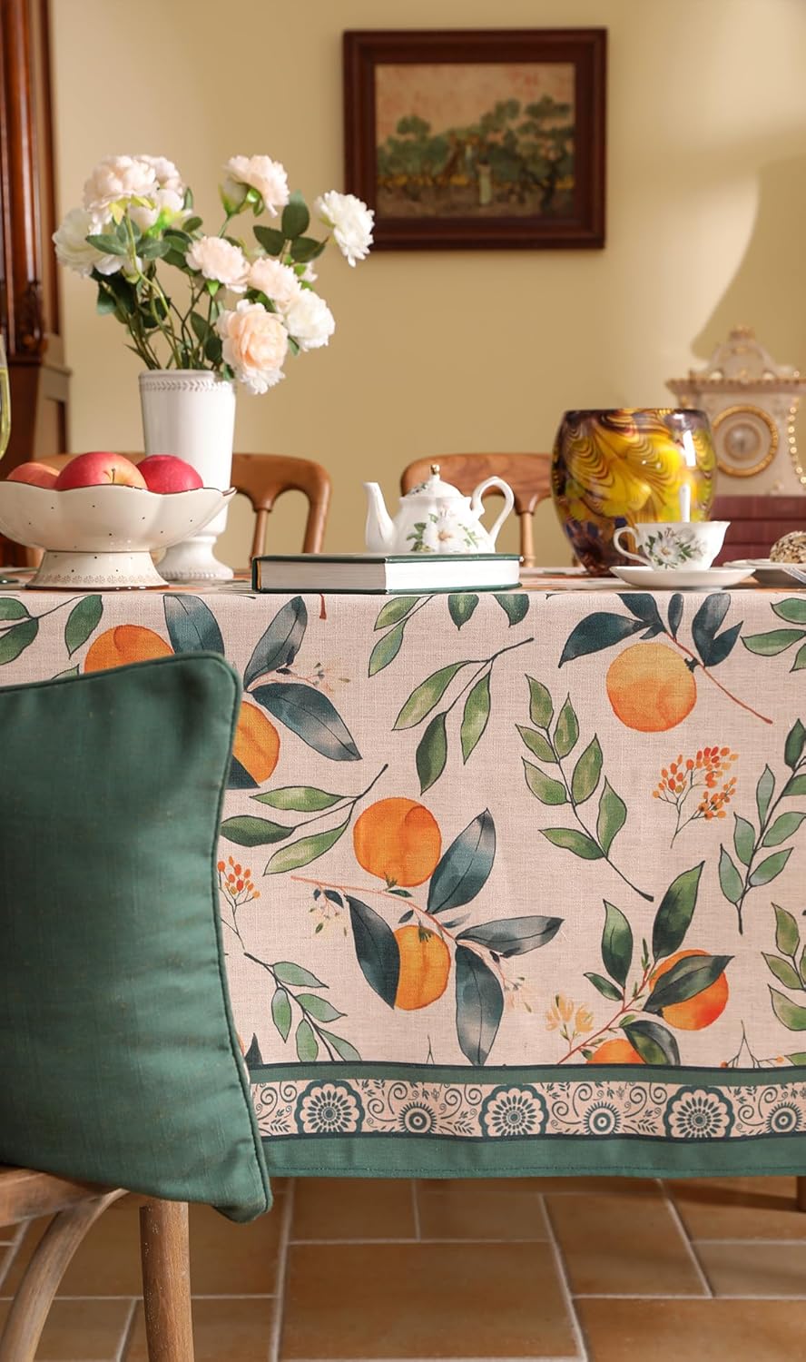 patdrea Designer Vintage Linen Rectangle Table Cloth,Framhouse Oranges and Leaves Pattern French Extra Long Tablecloth,Decor Cover for Kitchen Dining Christmas,Thanksgiving,67"x118"-Palladin a