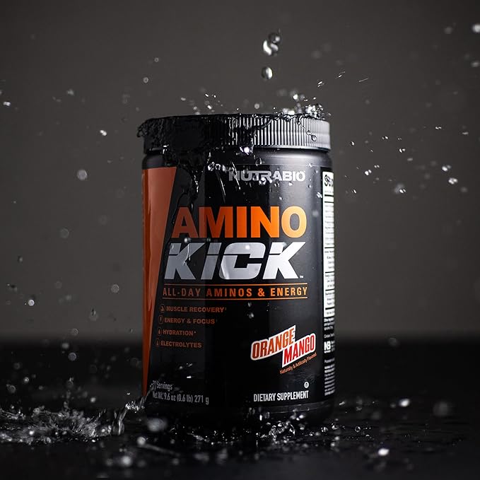NutraBio Amino Kick – BCAA Powder with Natural Caffeine – Amino Acids Supplement for Energy, Hydration & Recovery – BCAAs, Electrolytes & Amino Acids – Orange Mango, 30 Servings