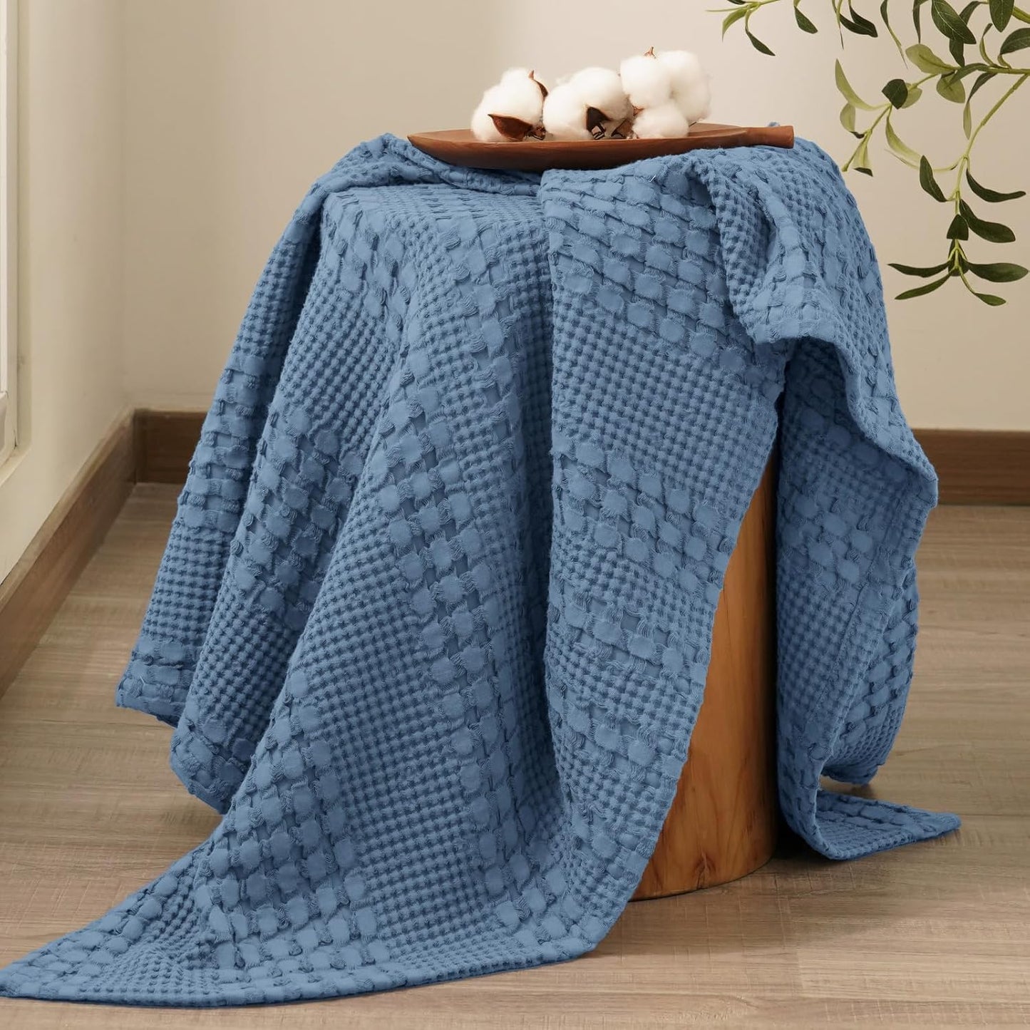 PHF 100% Cotton Waffle Weave Throw Blanket, Soft Lightweight Breathable Cozy Throws for Couch Bed Sofa, Luxury Aesthetic Woven Blanket for Home Decor & Office, 50"x60", Captain's Blue