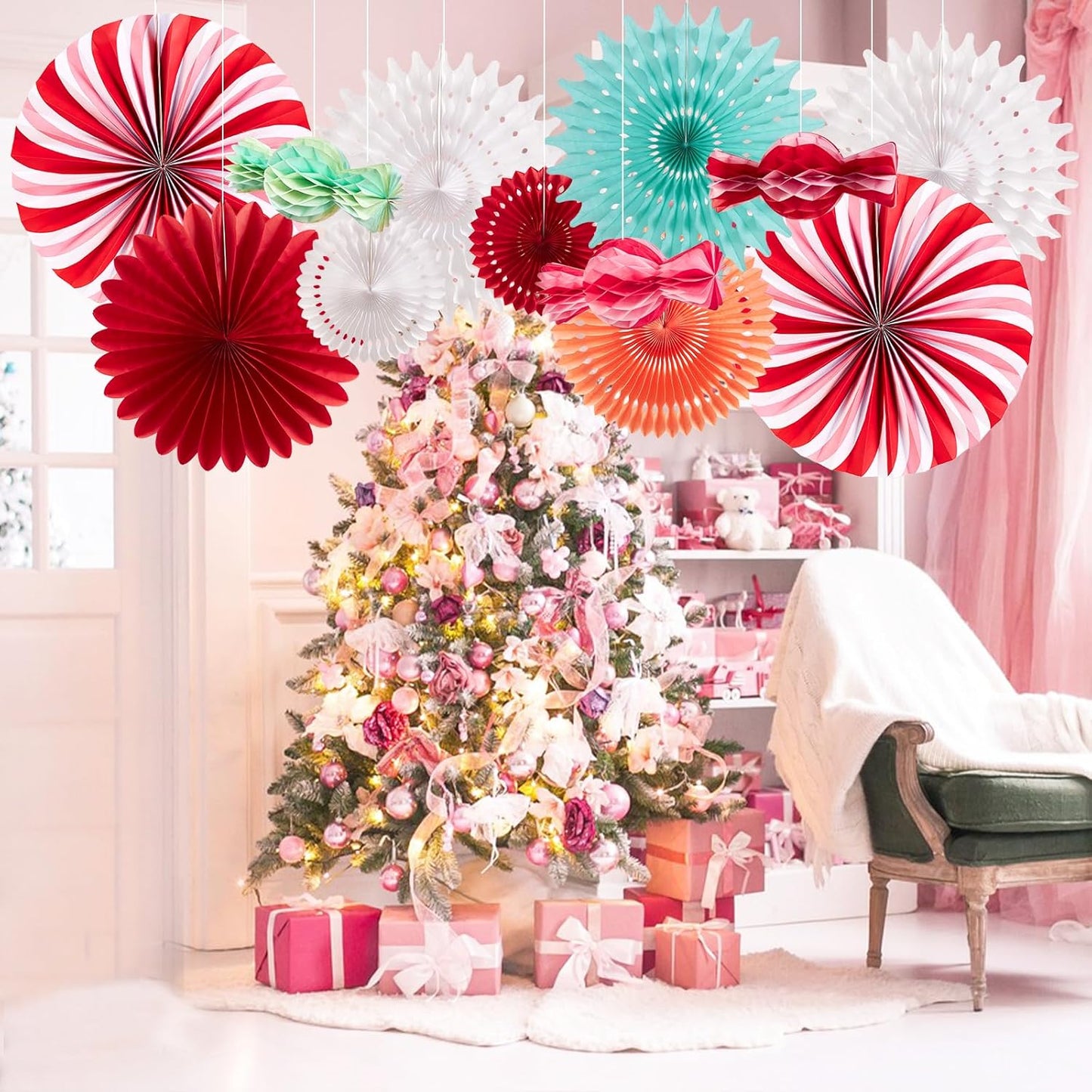 Christmas Hanging Paper Fans Decoration Christmas Peppermint Candy Hanging Ornaments Party Ceiling Hangings Deco Candy Tissue Paper Fans Backdrops Party Supply