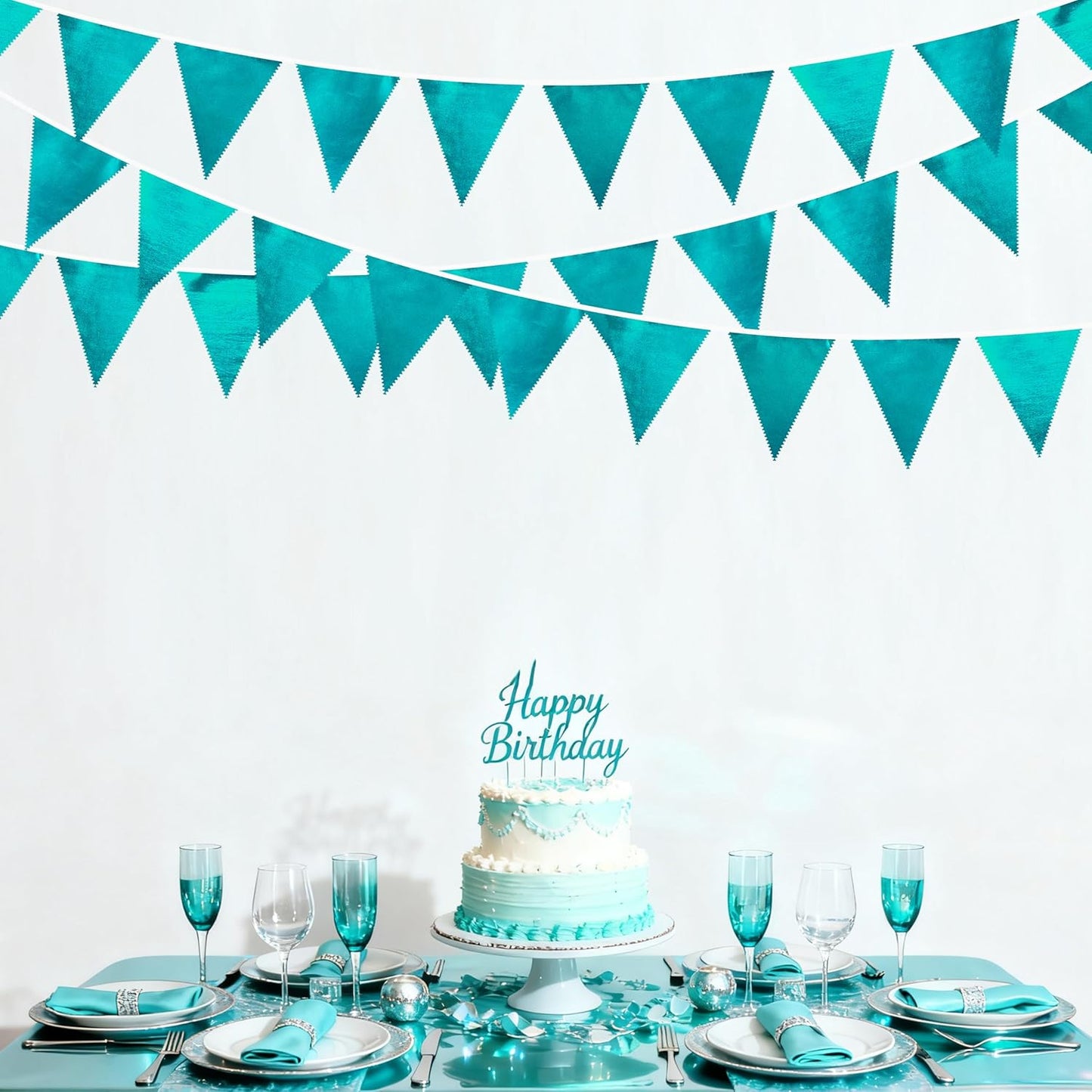Teal Aqua Blue Triangle Pennant Banner Dark Metallic Fabric Flag Bunting Garland for Birthday Baby Shower Bridal Shower Graduation Wedding Holiday Retirement Mermaid Party Decorations Supplies