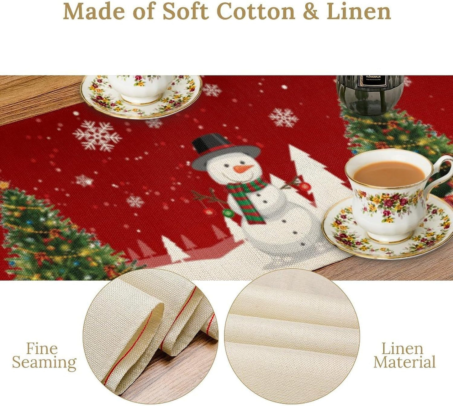 Christmas Table Runner,Snowman Rustic Red Snowflake Winter Table Cloth Kitchen Dining Table Decoration for Home Party Decor 13x60 Inch