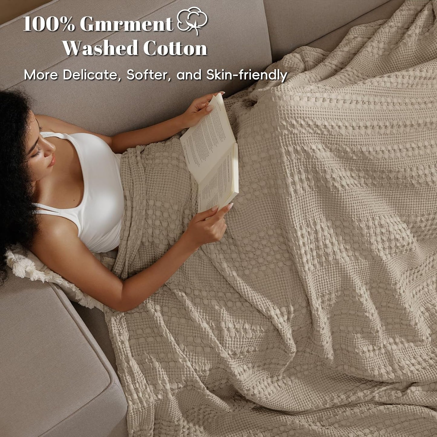 PHF 100% Cotton Waffle Weave Blanket King Size for Bed, Soft Lightweight & Breathable, All-Season Comfort, Luxury Aesthetic Woven Bedding for Home Decor, 108"x90", Simply Taupe