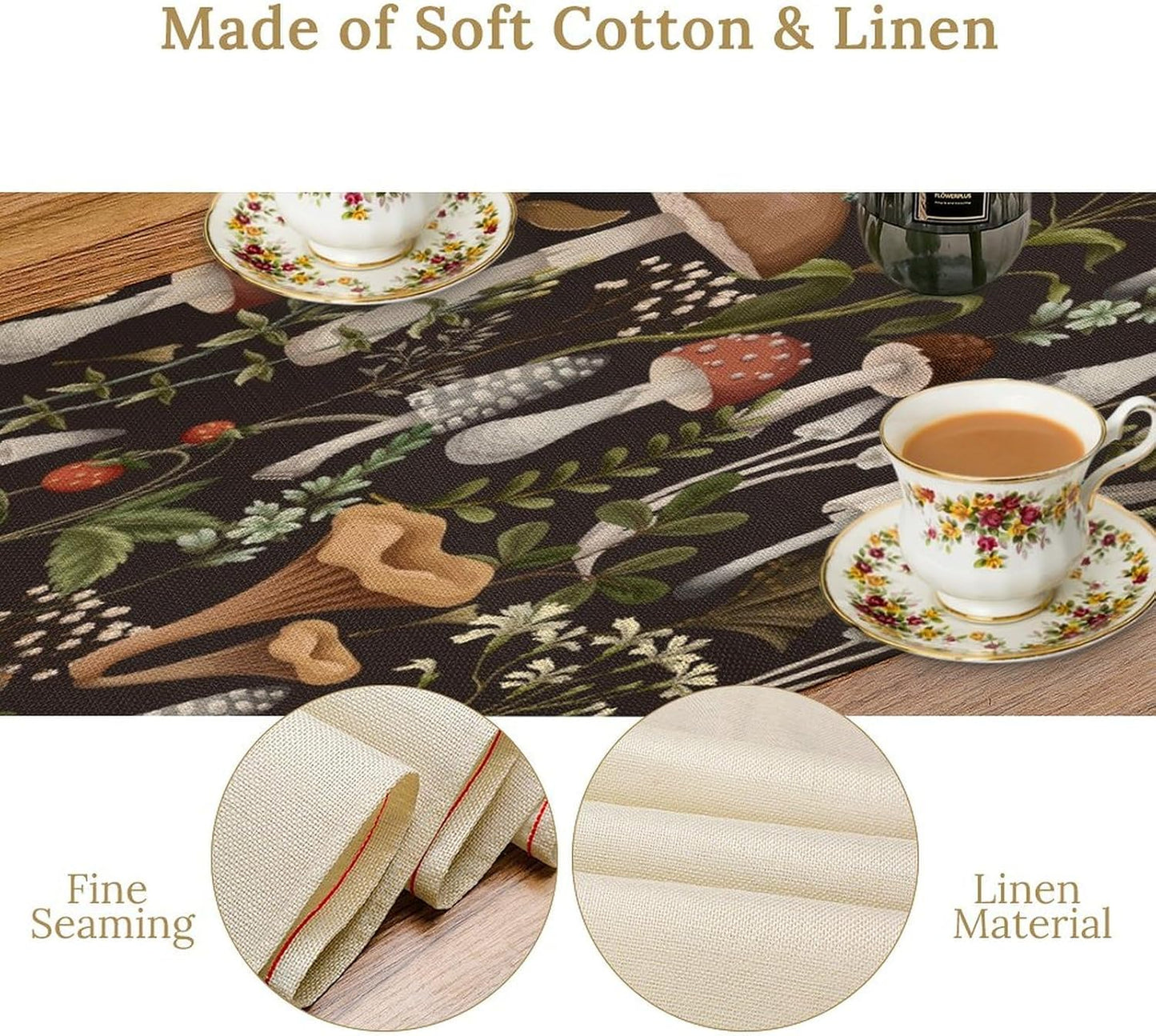 Mushroom Table Runner,Retro Forest Wildflower Botanical Plants Flower Art Pattern Print Burlap Hotel Indoors Outdoor Dining Room Kitchen Holiday Party, 13x108in