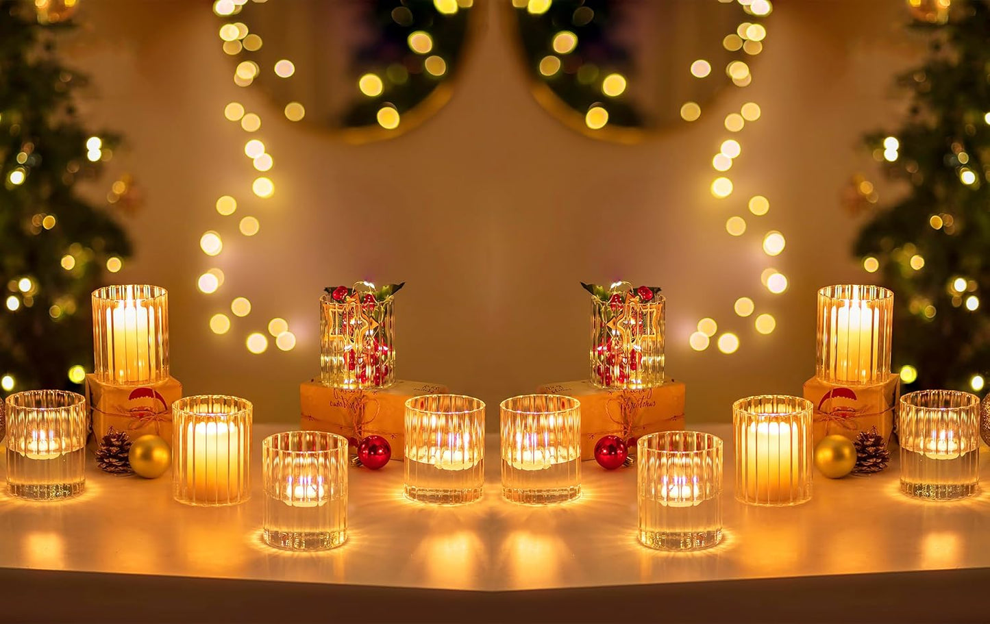 Hewory 24PCS Small Glass Hurricane Candle Holders Bulk - Short Clear Cylinder Vases for Centerpieces, Low Ribbed Vase for Wedding Reception Anniversary Baby Shower Events Party Home Table Decor