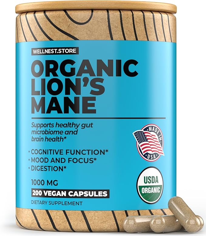 Lions Mane Mushroom Organic Supplement (Hericium Extract) - 1000mg 200 Veggie Capsules - Nootropics Brain Support Supplement; Supports Cognitive Function and Promotes Vitality, Protects Nerve Cells