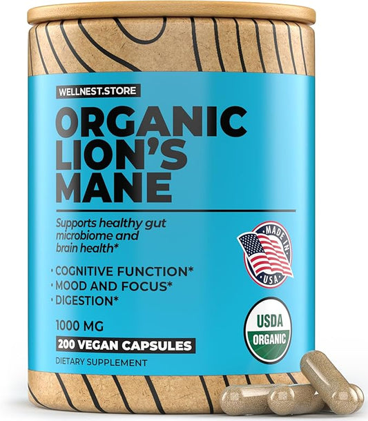 Lions Mane Mushroom Organic Supplement (Hericium Extract) - 1000mg 200 Veggie Capsules - Nootropics Brain Support Supplement; Supports Cognitive Function and Promotes Vitality, Protects Nerve Cells