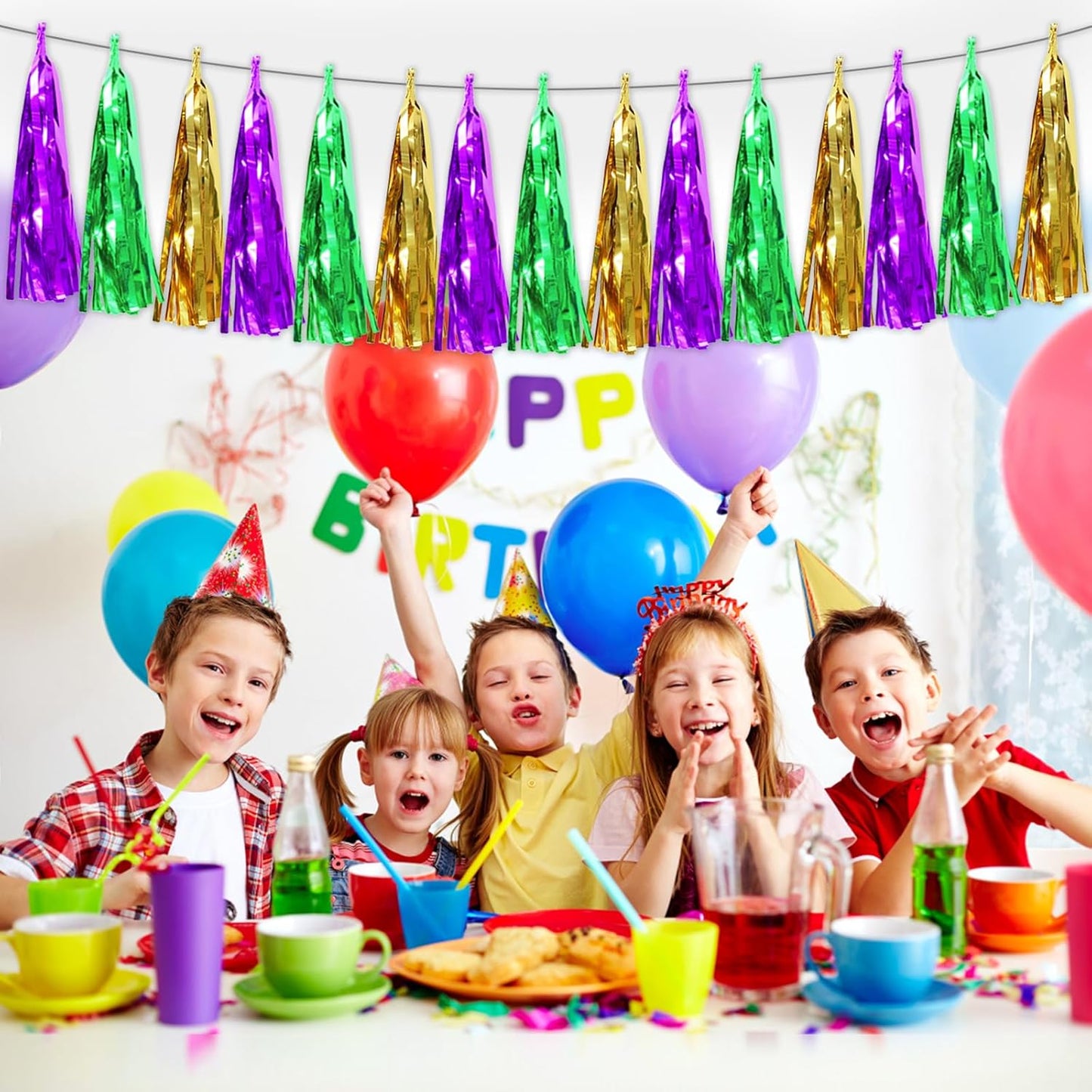 6P Purple Green Gold Foil Fringe Metallic Tassel Streamers Banner Tassel Garland for Parade Floats, Bachelorette, Wedding, Birthday, Graduation, Christmas, Bridal/Baby Shower Party Decorations