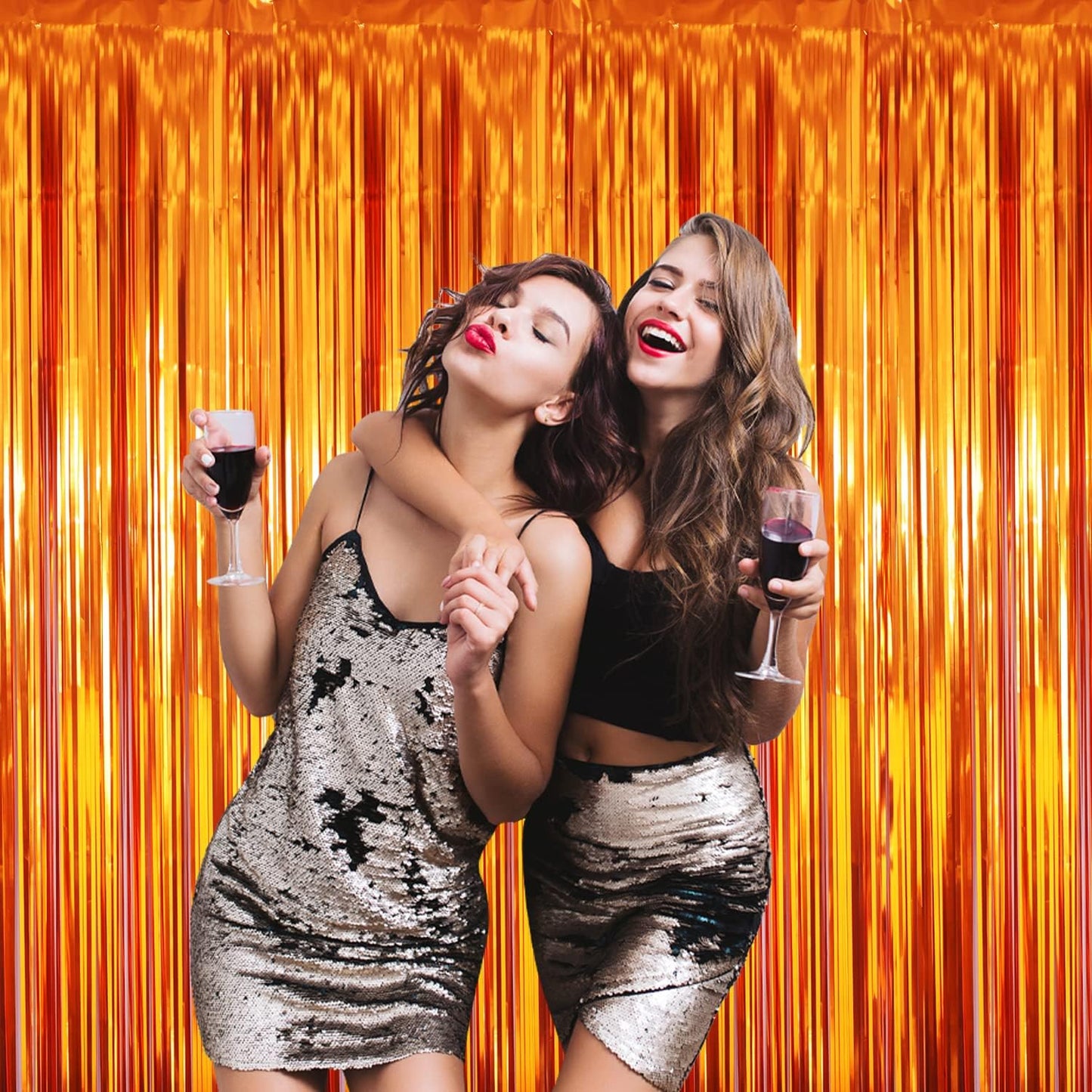 GOER 3.2 ft x 8.2 ft Metallic Tinsel Foil Fringe Curtains Party Photo Backdrop Party Streamers for Birthday,Graduation,New Year Eve Decorations Wedding Decor (3 Packs,Orange)