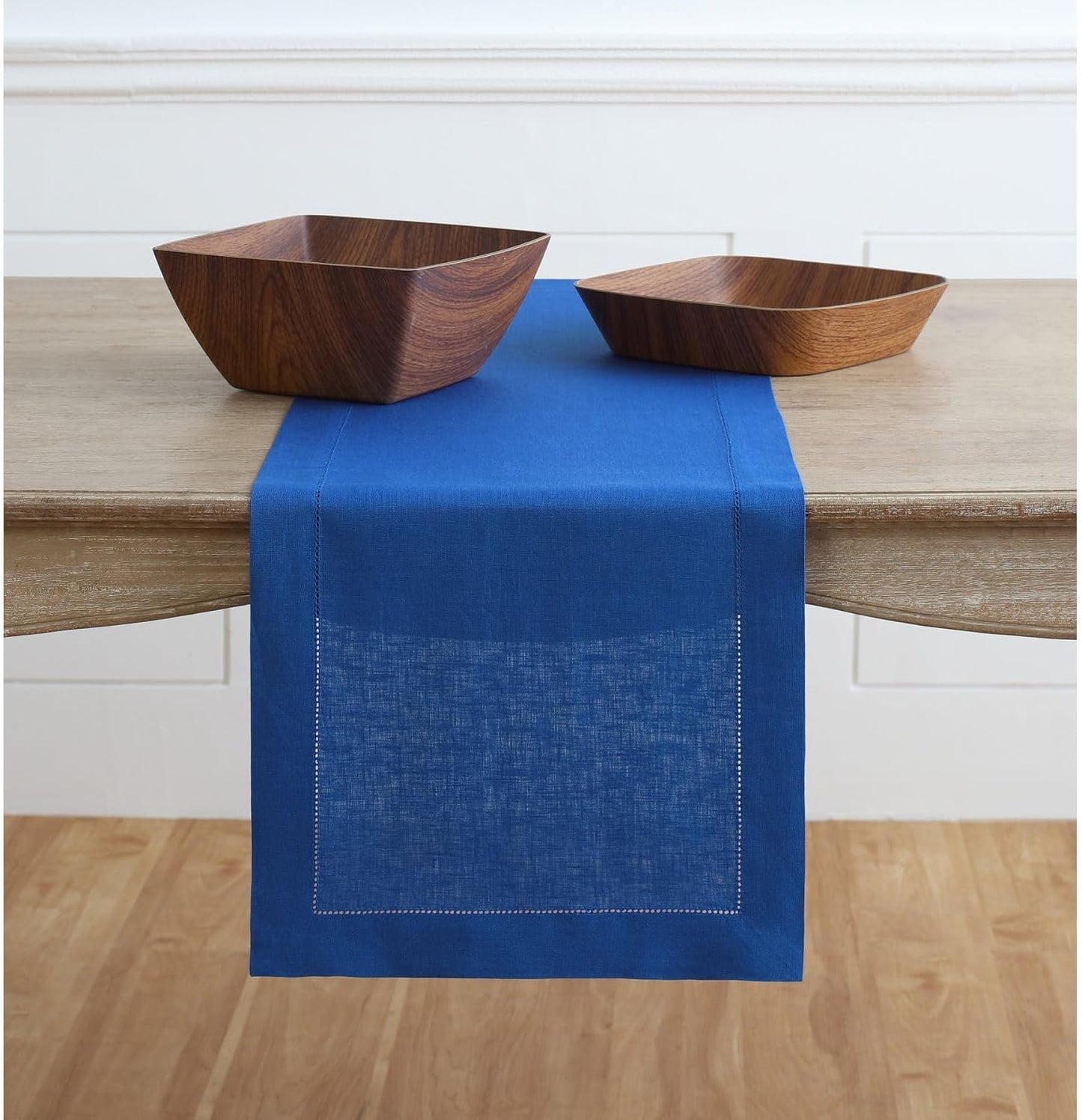Solino Home Linen Royal Blue Table Runner 144 Inches Long - 100% Pure Linen Extra Long Table Runner 14 x 144 Inch - Classic Hemstitch