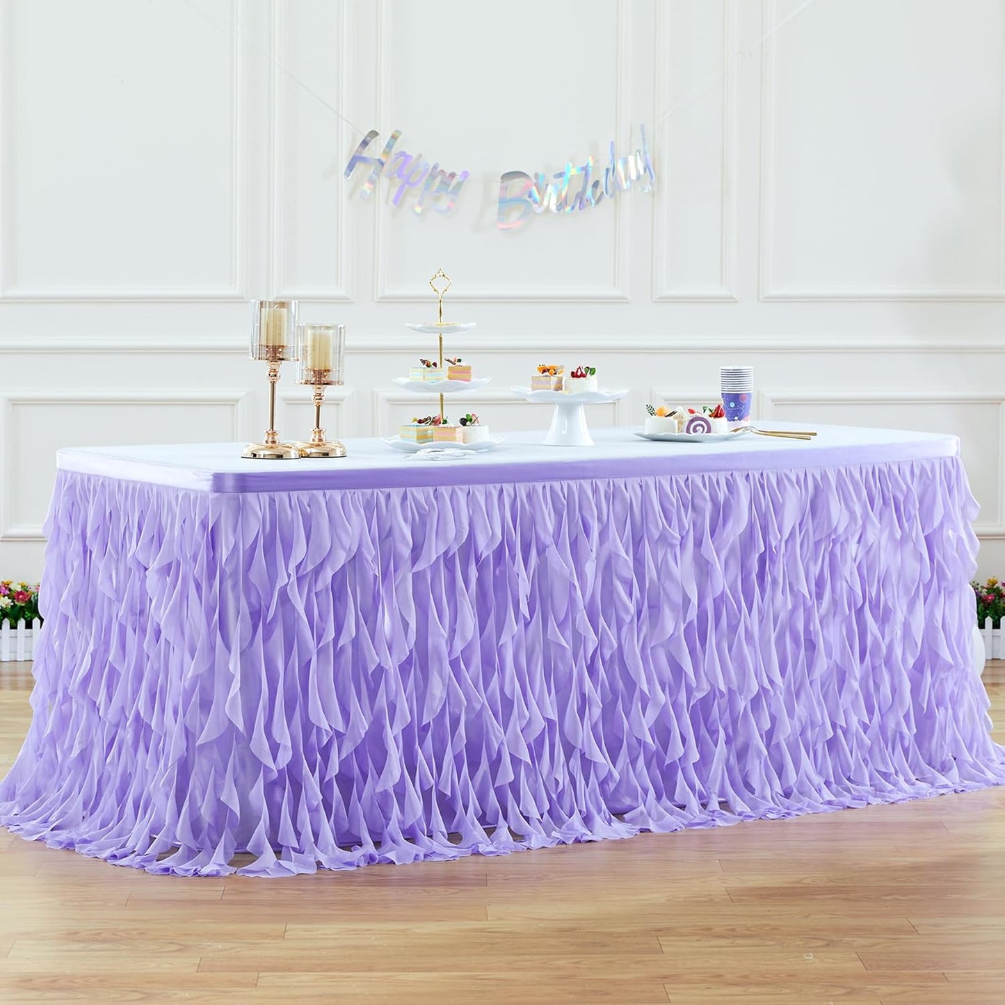 PARTISKY Lavender Purple Tulle Curly Willow Table Skirt for Rectangle Table 6ft, Ruffle Tutu Table Cloth for Girls Boys Baby Shower,Mermaid Birthday Party