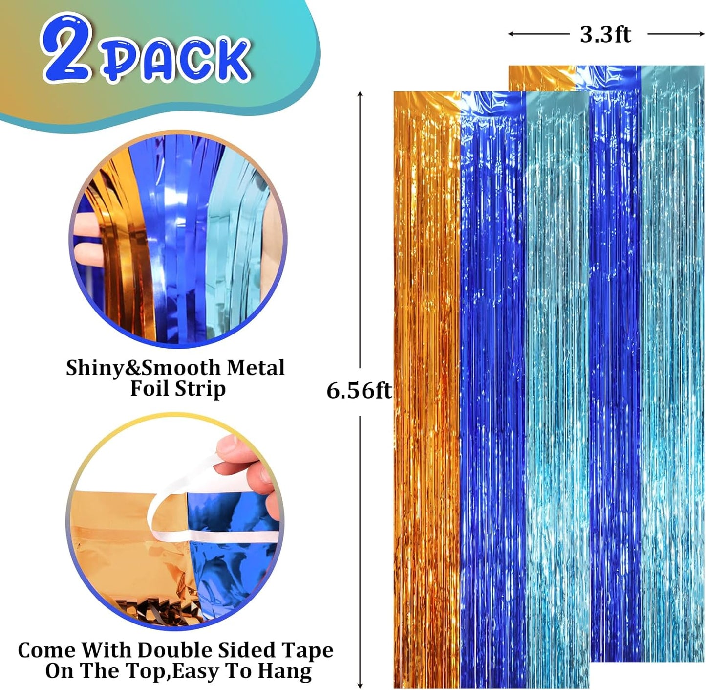 2 Pack Blue Orange Foil Fringe Backdrop Curtains, Tinsel Streamers Party Decorations, Fringe Backdrop, Door Shimmer for Birthday Party