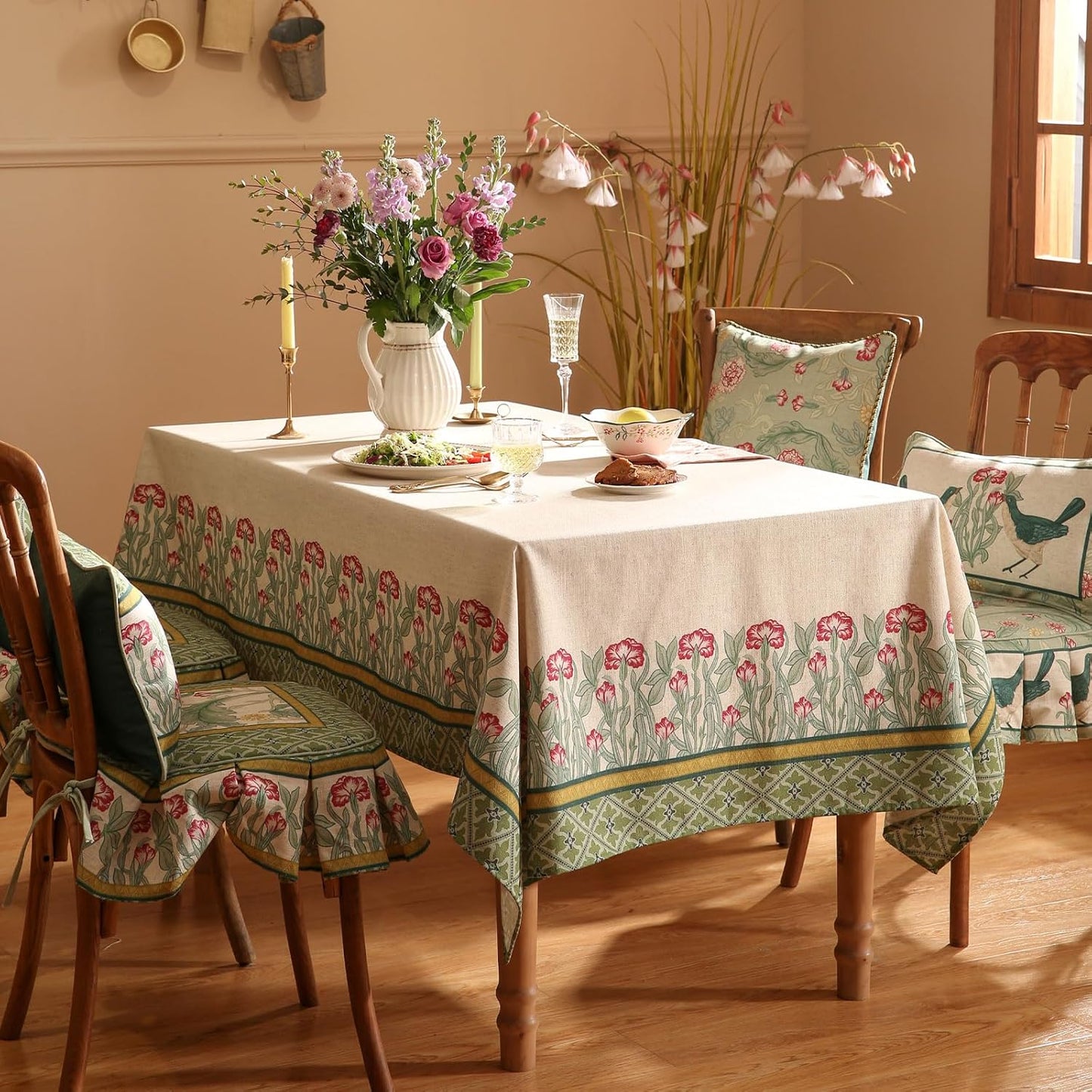 patdrea Designer Green Table Cloth for Square Table,Vintage Linen Leaves Pattern Breathable Tablecloth,Floral Cover Decor for Kitchen Dining Christmas,Thanksgiving,67"x67"-Cecilia D