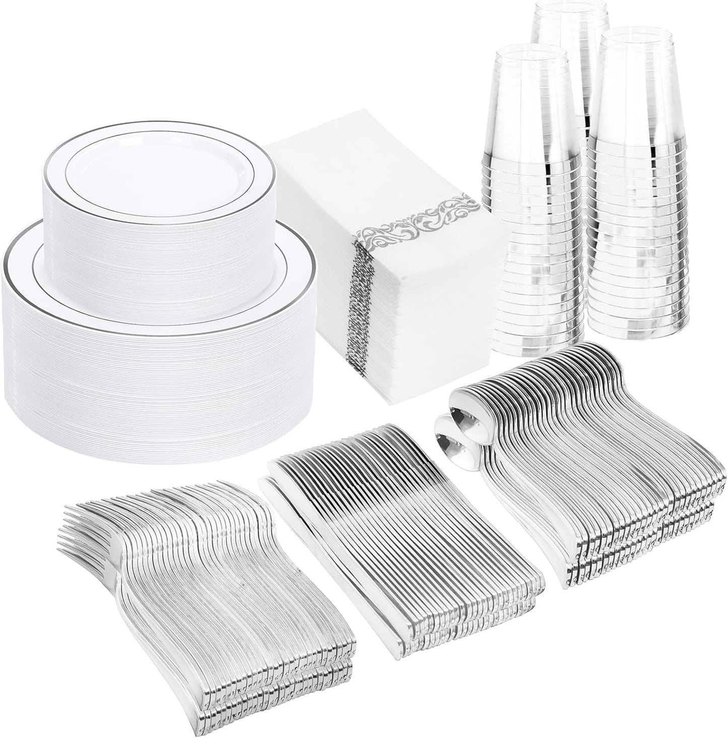 350 Pcs Silver Plastic Plates - Silver Dinnerware Set of 50 Dinner Plates 50 Dessert Plate 50 Silverware 50 Napkins 50 Cups for Christmas Party&Wedding