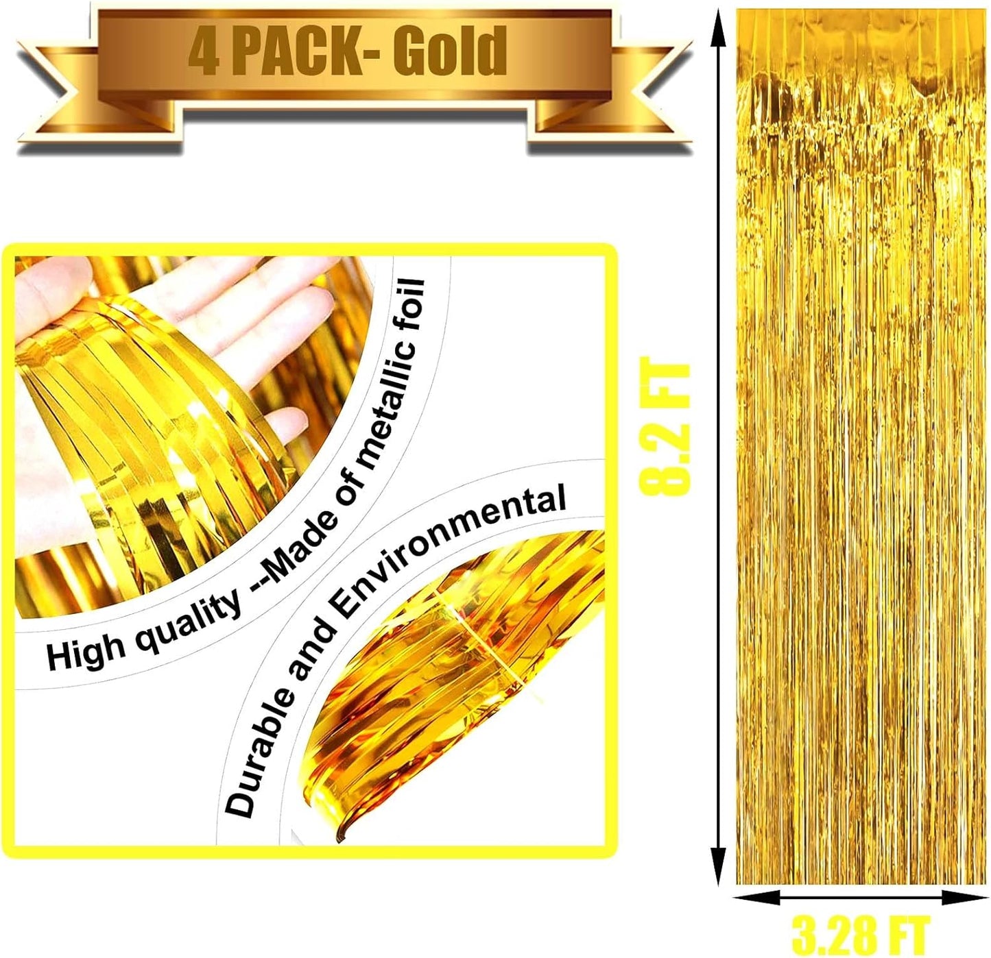 4 Pack Gold Foil Fringe Curtain Backdrop, 3.28Ft x 8.2Ft Metallic Tinsel Foil Fringe Streamer Curtains for Photo Booth Props Decor Party Supplies