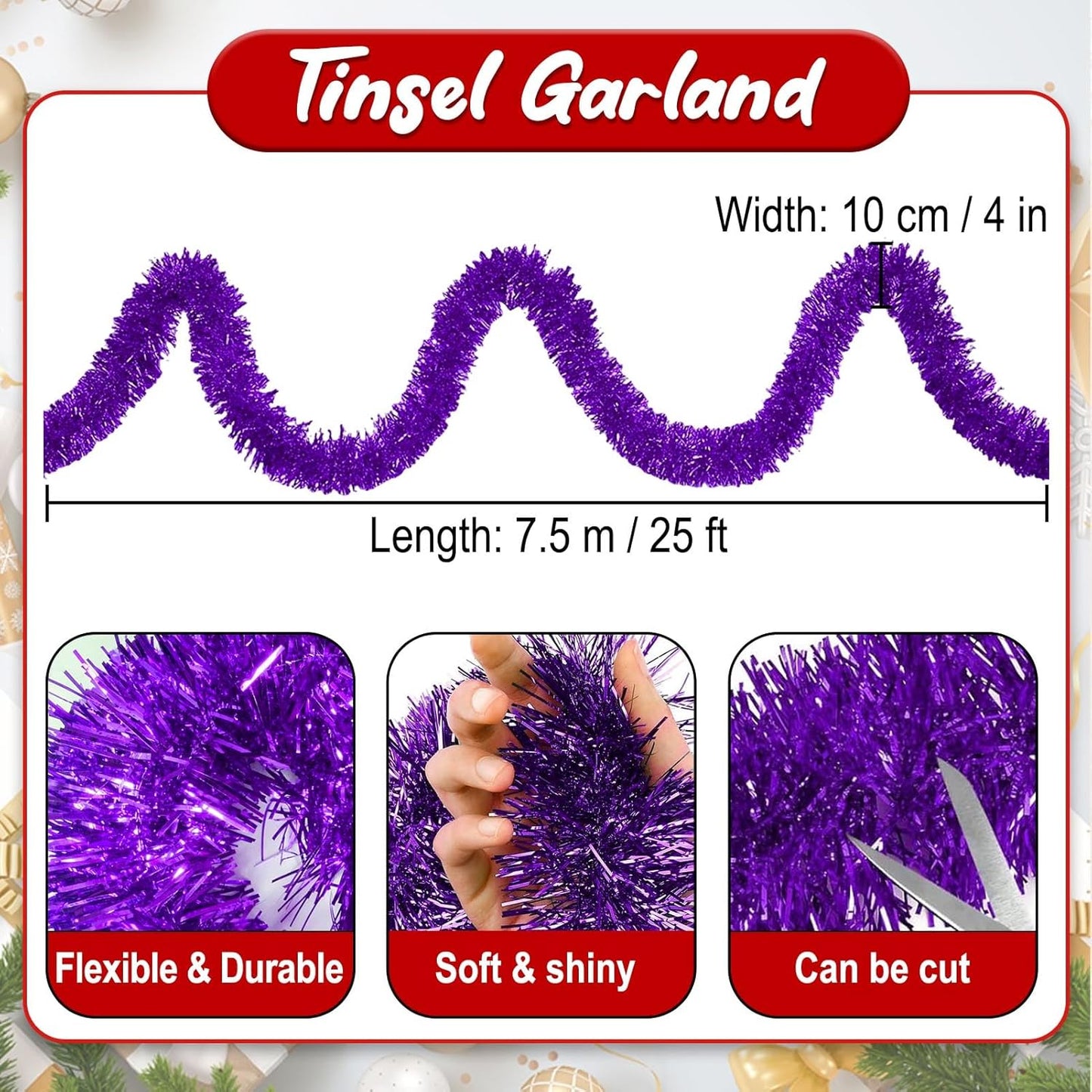 25 Feet Purple Christmas Tinsel Garland, Metallic Foil Twist Banner Wall Hanging Tinsel Streamers Backdrop for Parade Floats, Christmas, Mother's Day, Birthday Party Decorations(4in x 25ft)