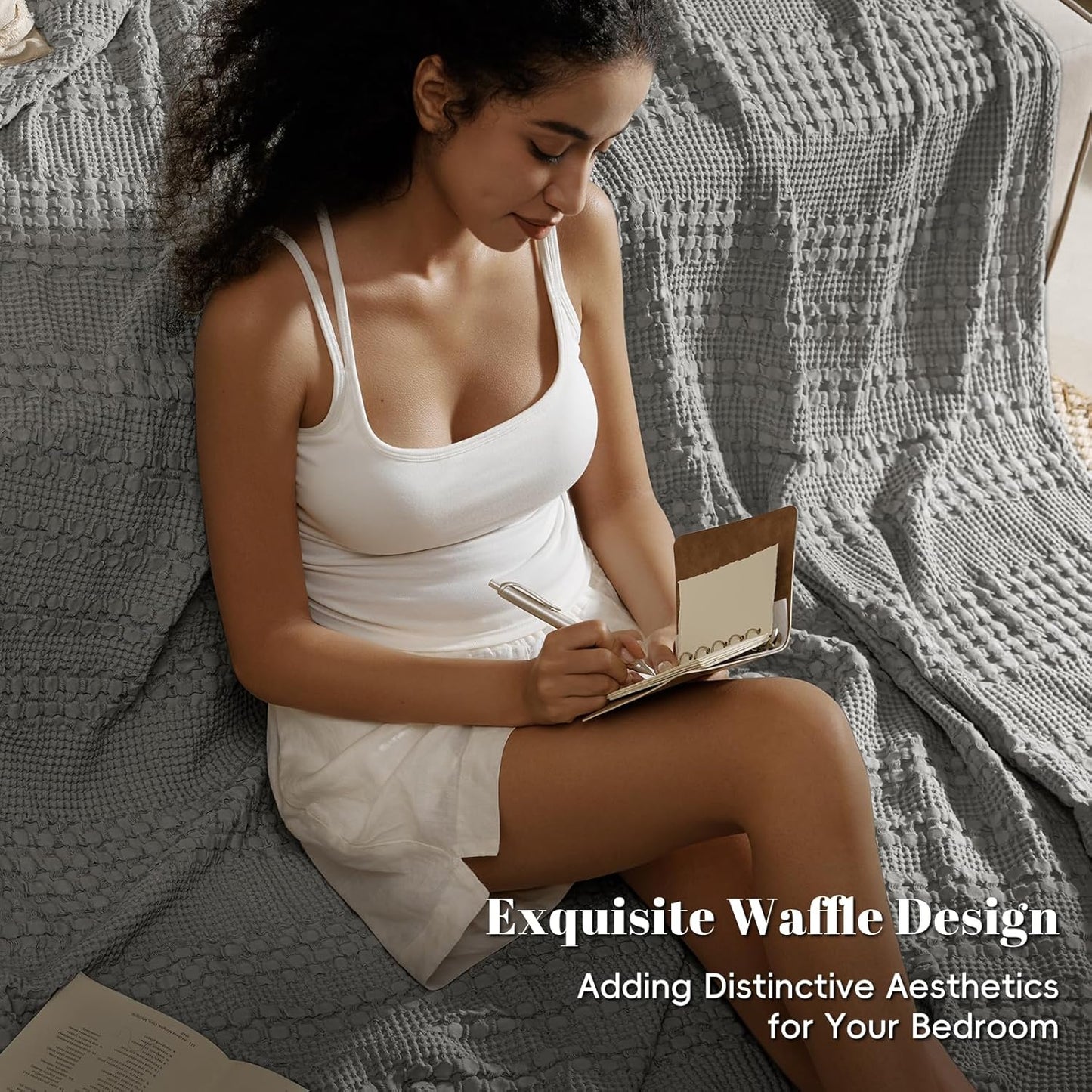 PHF 100% Cotton Waffle Weave Blanket King Size for Bed, Soft Lightweight & Breathable, All-Season Comfort, Luxury Aesthetic Woven Bedding for Home Decor, 108"x90", Dark Grey