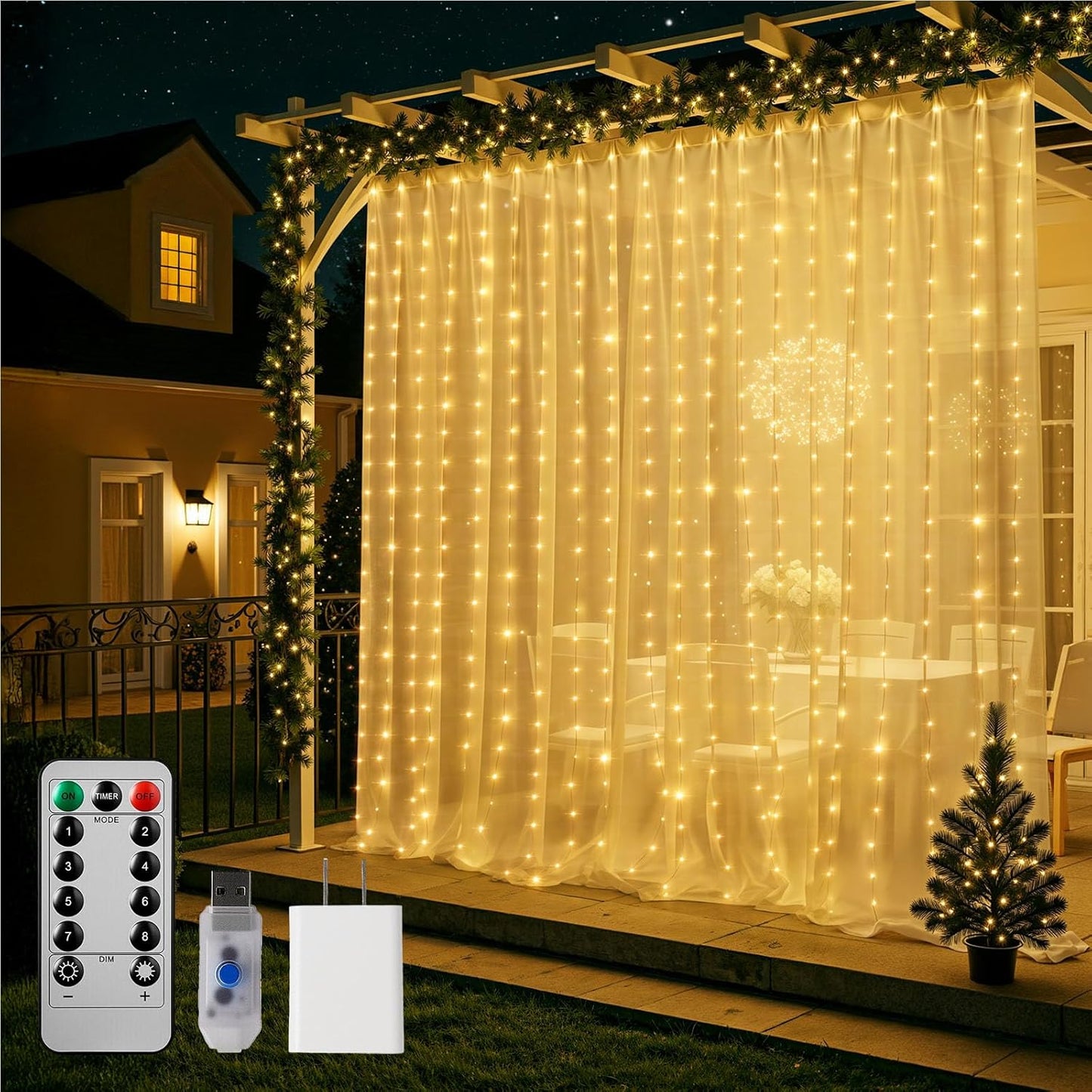 Brightown 600 LED Curtain String Lights, 20 FT Hanging Fairy Lights with Remote, 8 Modes, Waterproof Window Lights for Bedroom Backdrop Wedding Outdoor Christmas Party, Warm White