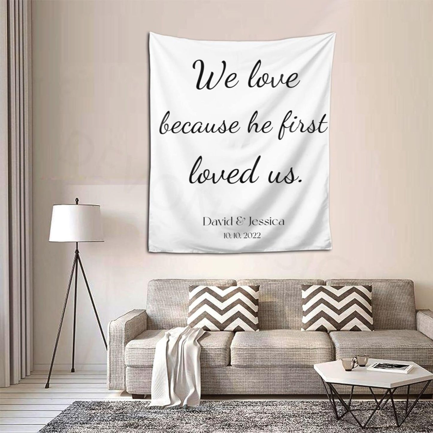 We Love Because He First Loved Us Backdrop,Custom Tapestry with Names and Date,Rustic Wedding Sign,Personalized Calligraphy Wedding Banner for Ceremony,Reception Backdrop,One Size