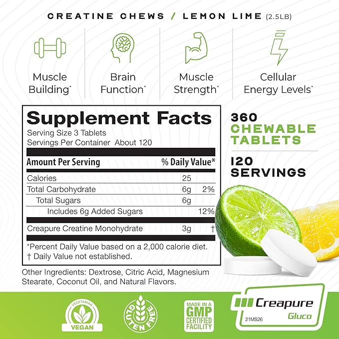 Muscle Feast Creatine Monohydrate Chewables - Vegan & Gluten-Free Creapure Creatine Chews for Men & Women - Delicious Citrus-Flavored Creatine Tablets for Muscle Building - Lemon Lime, 360 Tabs