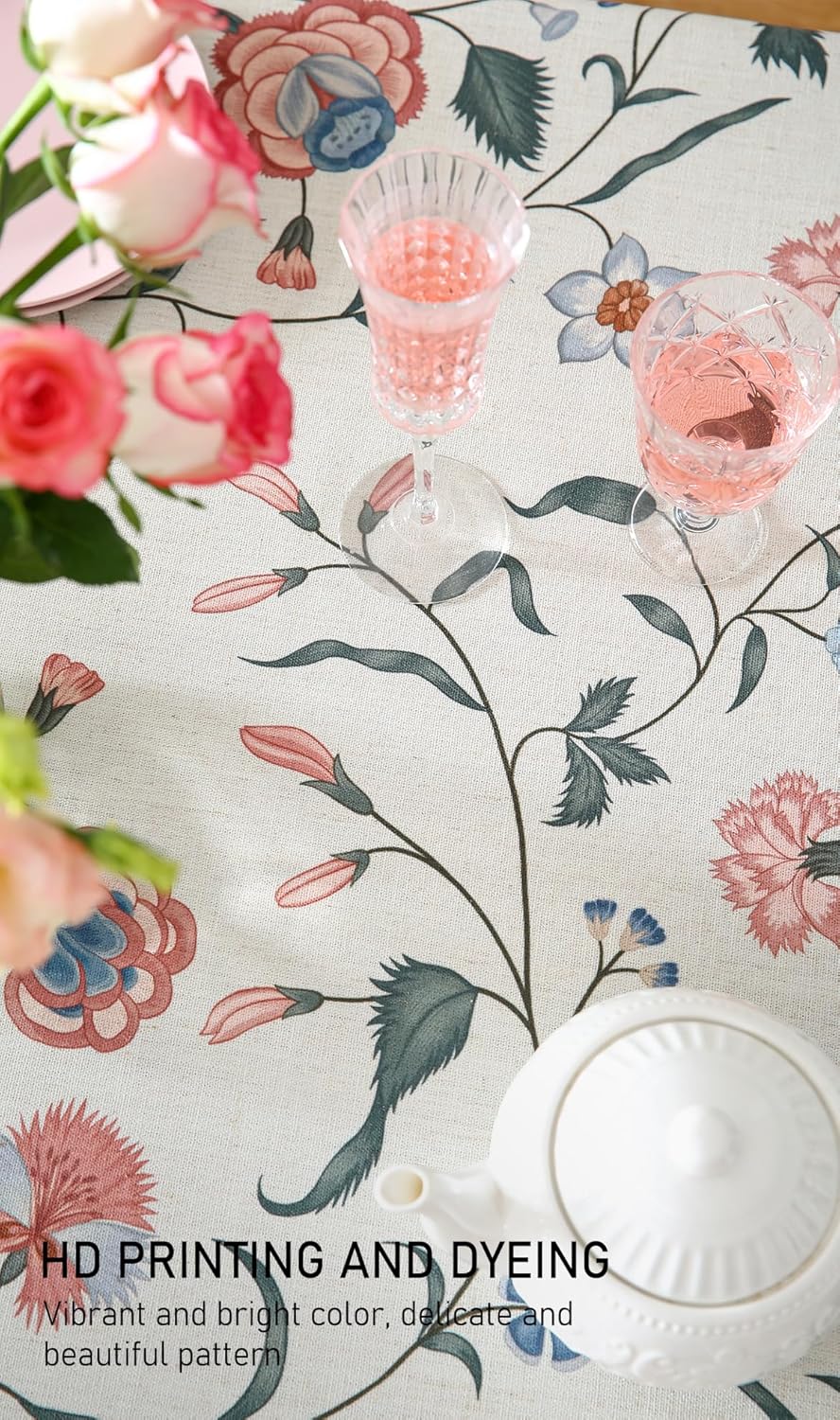 ISAENNE Designer Chinoiserie Linen Floral Round Tablecloth,White Wrinkle Resistant Table Cloth,Elegant Decor Tablecloths for Dining Thanksgiving Kitchen Party Christmas,Diameter 67"-Daffy