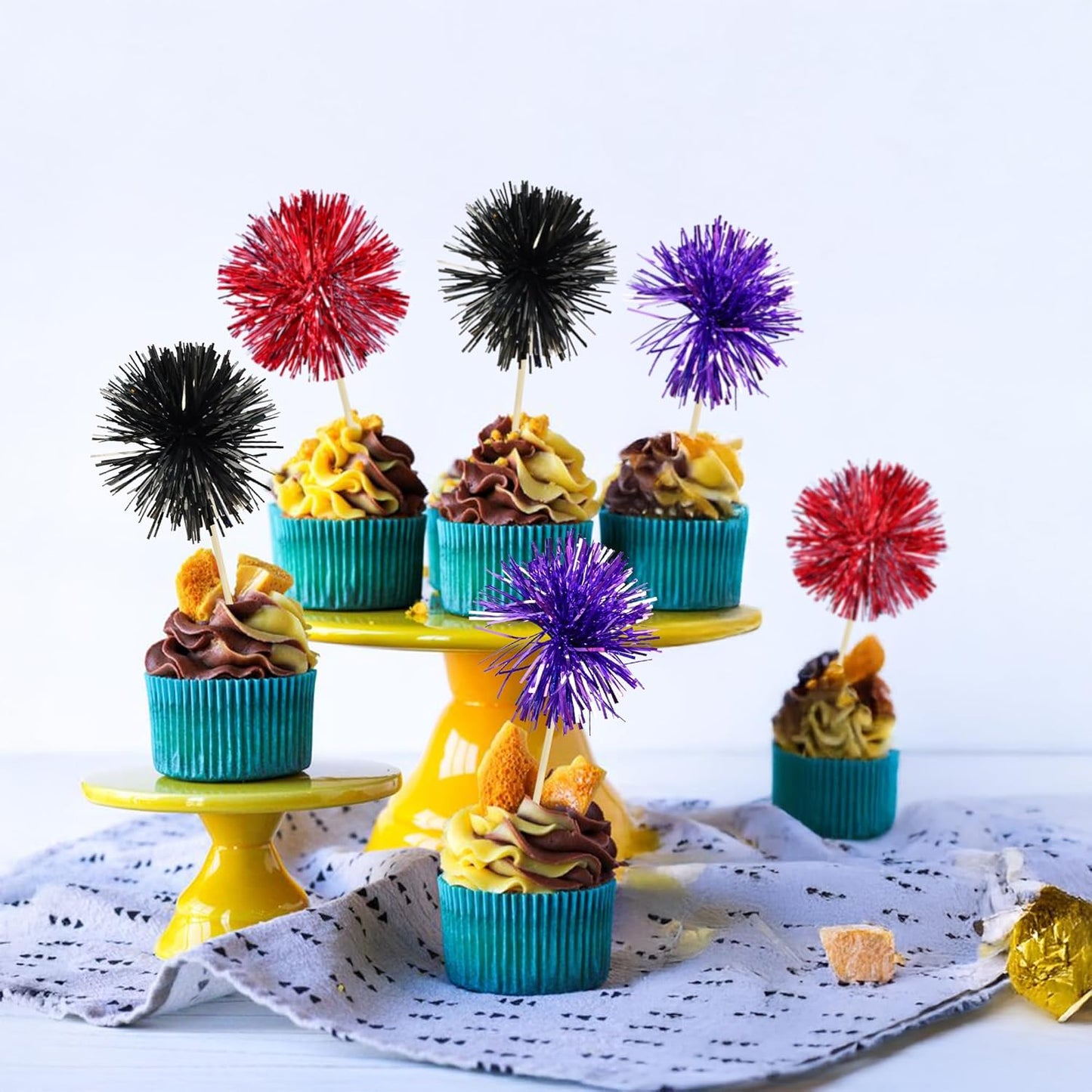 Gyufise 30Pcs Foil Firework Cupcake Toppers Sparkle Tinsel Cake Toppers Tinsel Drink Cake Decoration Cocktail Picks for Halloween Birthday Wedding Graduation Party Supplies Purple Black Red