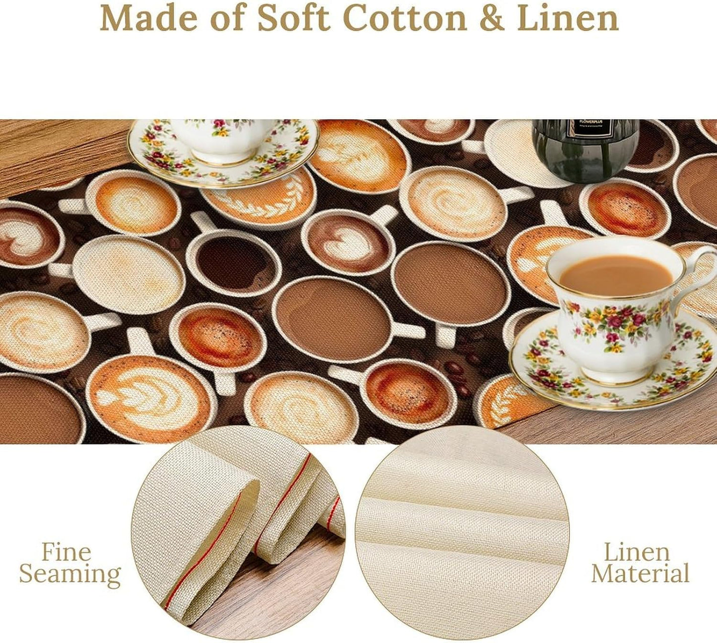 Coffee Theme Table Runner, Farmhouse Coffee Cup Latte Cappuccino Tea Party Rustic Cafe Table Center Decor for Home Kitchen Dining Patio Holiday Party Indoor Outdoor Table Decorations,13"x108" Inch