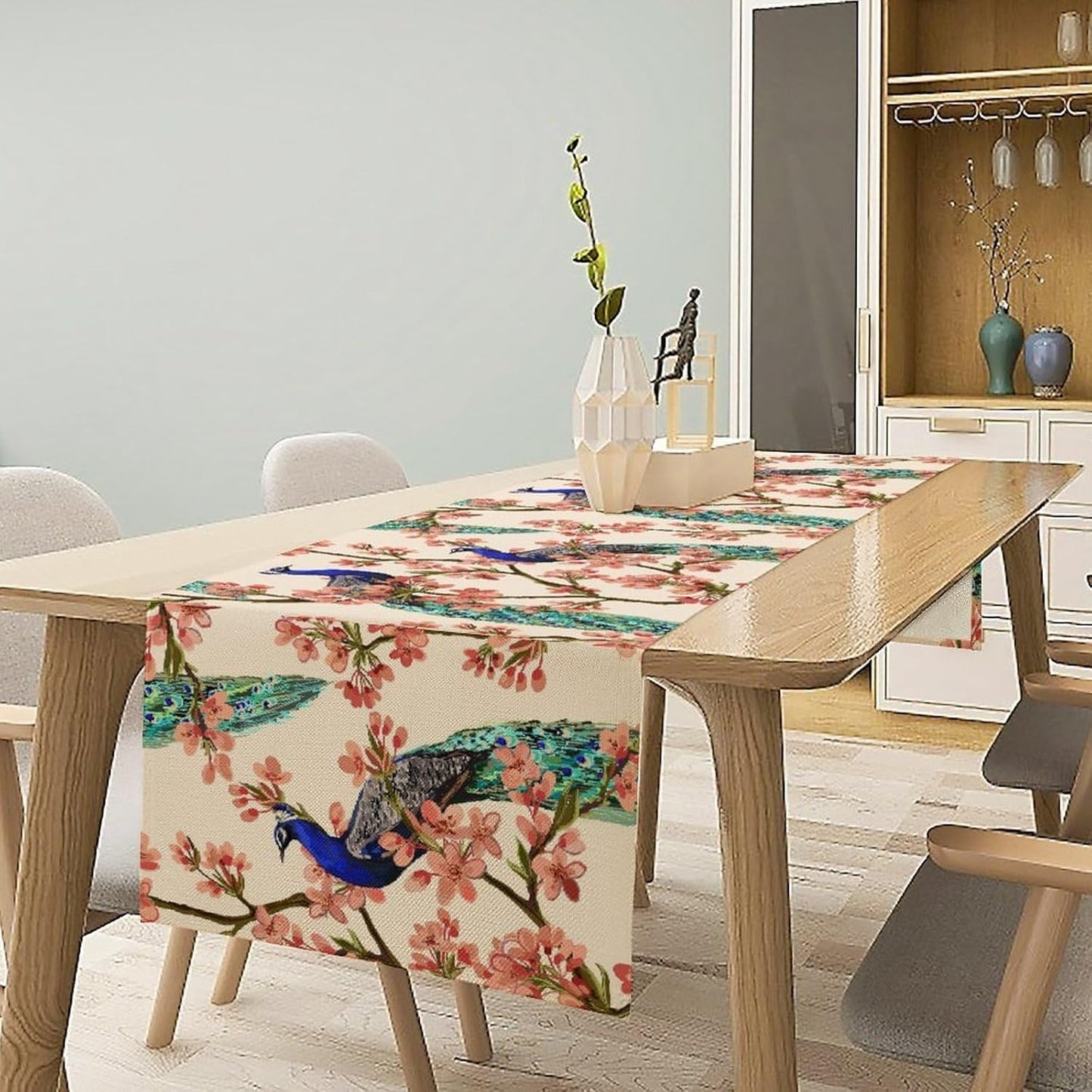 Peacock Table Runner,Spring Floral Peacock Birds Table Runner for Home Kitchen Dining Party Indoor Outdoor Decoration 13x36 Inch