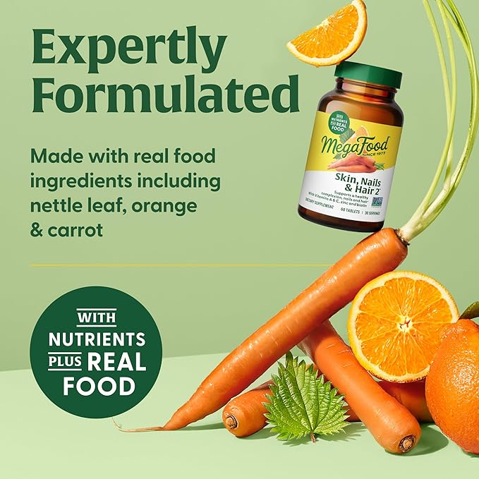 MegaFood Skin, Nails & Hair 2 - Vitamins for Women & Men - Biotin, Vitamin A, C, Zinc, B6, E, Pantothenic Acid - Vegan - Made Without 9 Food Allergens - 60 Tabs (30 Servings)