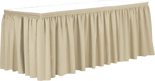 Ultimate Textile Pleat Polyester Fabric Table Skirt - Machine Washable Flame Resistant with Clips for Events, Weddings & Trade Shows, Cut & Sewn in Paterson, NJ - Tan, 14' Shirred Pleat