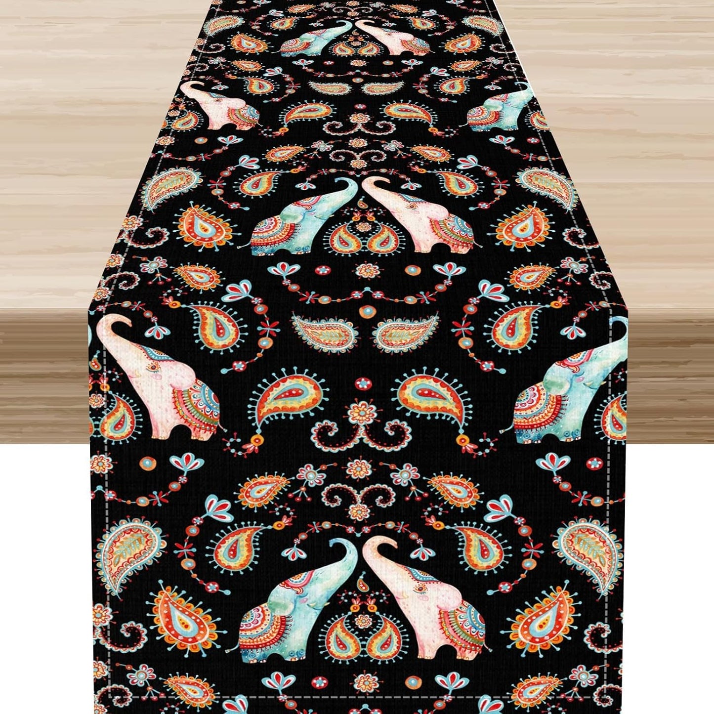 Boho Table Runner, Indian Bohemian Elephant Mandala Paisley Floral Hippie Art Print Table Center Decor for Home Kitchen Dining Patio Holiday Party Indoor Outdoor Table Decorations, 13"x72" Inch