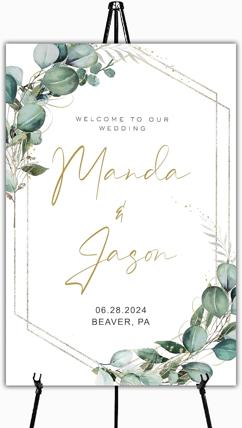 Generic Greenery Wedding Welcome Sign, 18x27 inches, Plastic, Modern Geometric