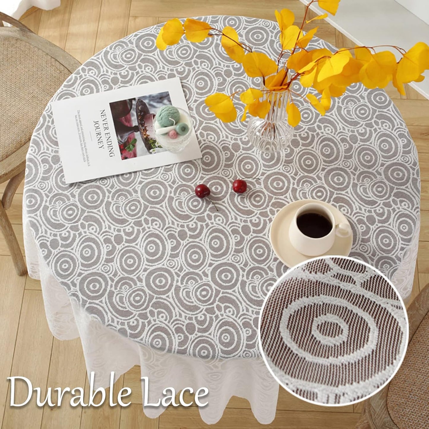 Jeloris Round Lace Tablecloth with Elegant Scalloped Bottom for Any Special Event Such as Wedding, Birthday Party, Baby Shower, Anniversary (70 inch, Style 7)