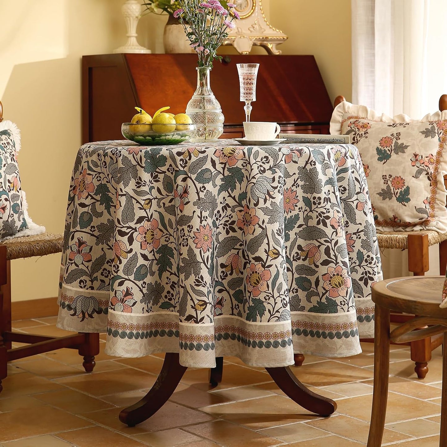 ISAENNE Designer Boho Floral Small Round Tablecloth,Linen Lotus Flower Pattern Colorful Table Cloth,Durable Decor Tablecloths for Dining Thanksgiving Kitchen Christmas,Diameter 55"-Hazel A