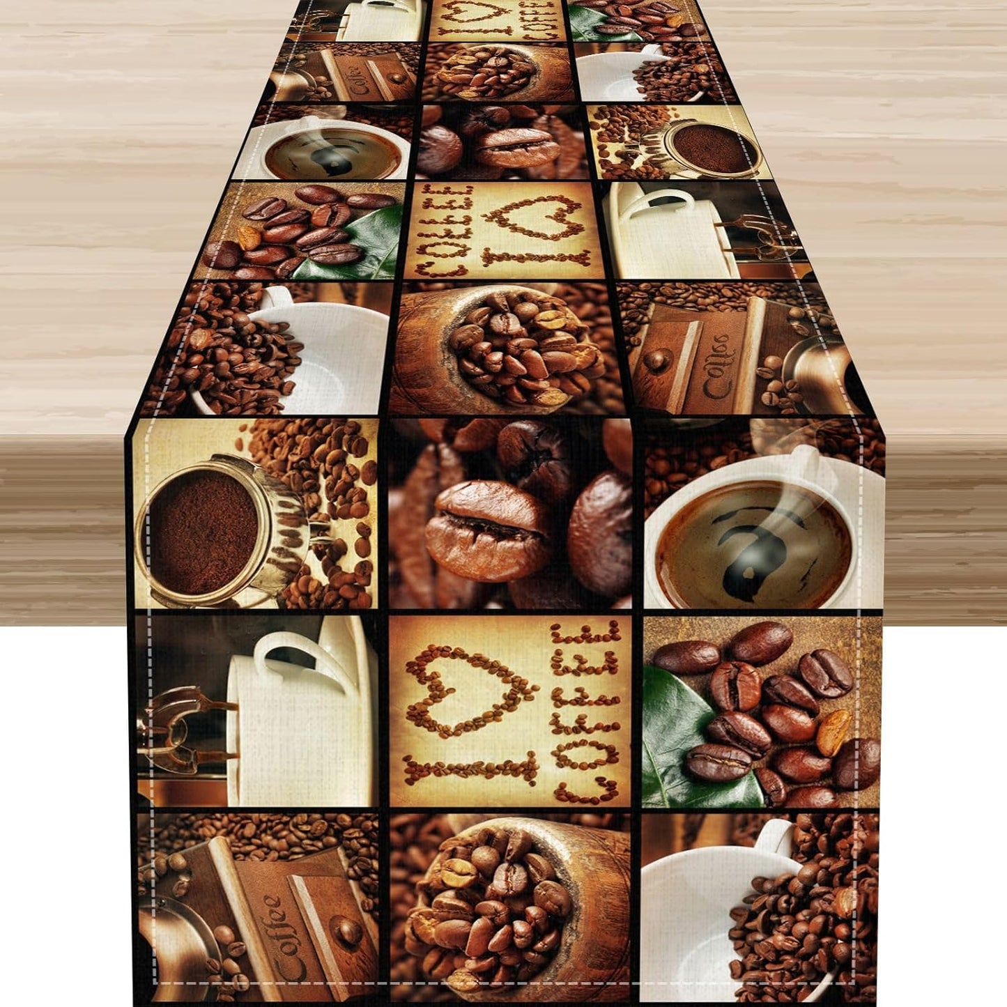 Coffee Theme Table Runner, Retro Farmhouse Coffee Cup Latte Cappuccino Tea Party Cafe Table Center Decor for Home Kitchen Dining Patio Holiday Party Indoor Outdoor Table Decorations,13"x72" Inch