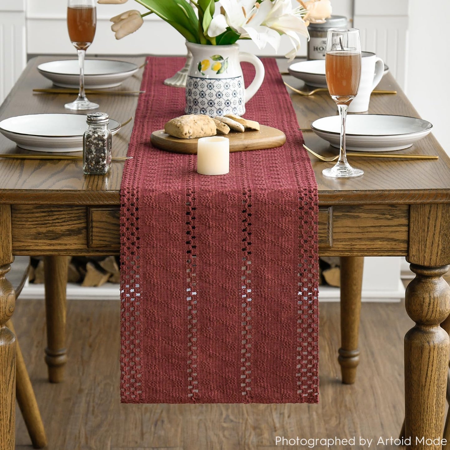 Artoid Mode Red Farmhouse Woven Rustic Hollow Table Runner, Seasonal Holiday Hollow Kitchen Dining Table Decoration for Home Party Decor 12x60 Inch