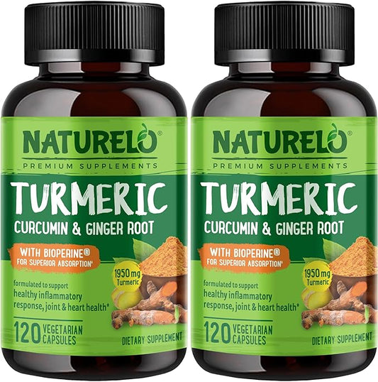 NATURELO Turmeric Curcumin - BioPerine for Better Absorption - Black Pepper, Ginger Root, Curcuminoids - Plant-Based Joint Discomfort Support - 120 Vegan Capsules (Pack of 2)
