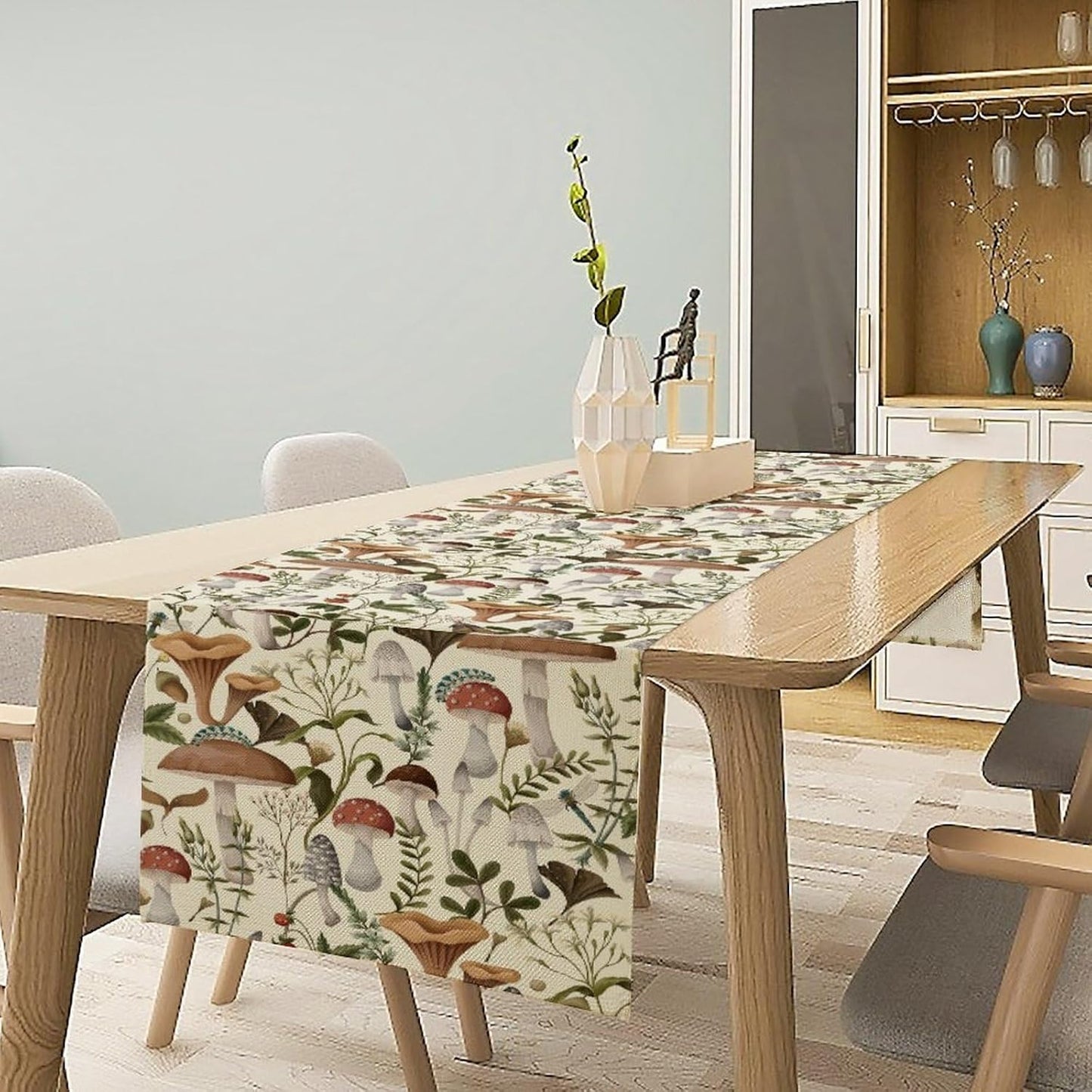 Mushroom Table Runner,Vintage Forest Flower Plant Print Table Runner for Kitchen Dining Table Home Party Decoration 13x108 Inch